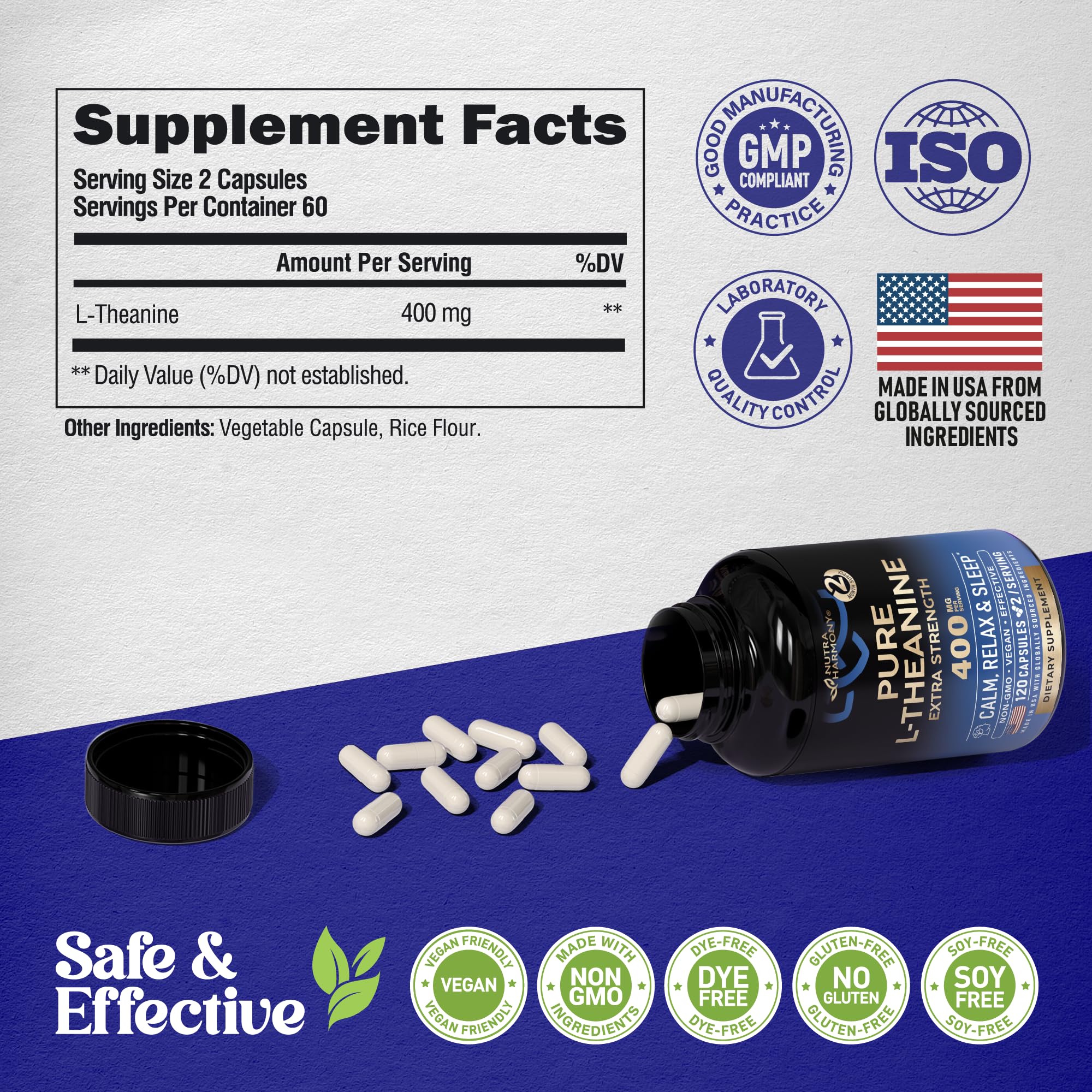 L Theanine 400 mg | L-Theanine Stress Relief | Extra Strength Supplement | Made in USA | Relaxation, Sleep & Calm Support | For Men & Women | Plant Based, Non-GMO & Gluten-Free | 120 Vegan Capsules