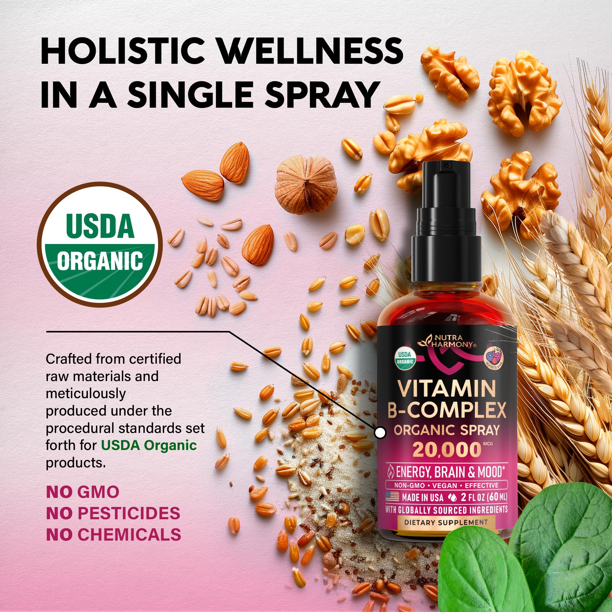 USDA Organic Vitamin B-Complex Liquid Spray 8-in-1 - B5 Pantothenic Acid | B12 Methylcobalamin | B1 Thiamine | B6 Pyridoxine | B7 Biotin | B9 Folic | B3 Niacinamide - Made in USA Supplement, 2fl oz