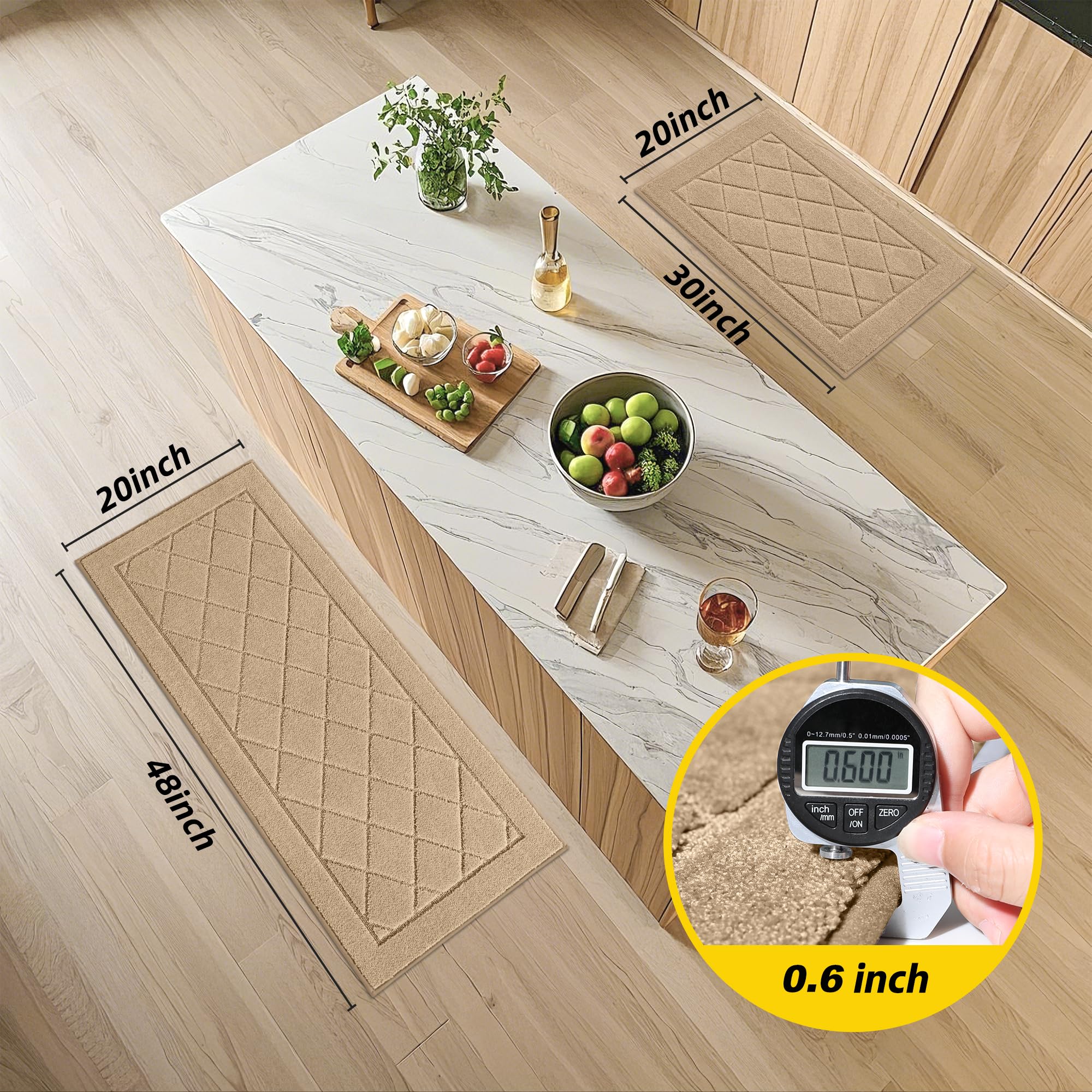 JSEI Non-Slip Kitchen Rugs, Self Adhesive No Sliding Kitchen Mats Set of 2, Soft Washable Absorbent Floor Mat for Kitchen, Bathroom, Laundry Room, Bedroom, 20”x32”+32”x48”, Beige, Diamond Pattern