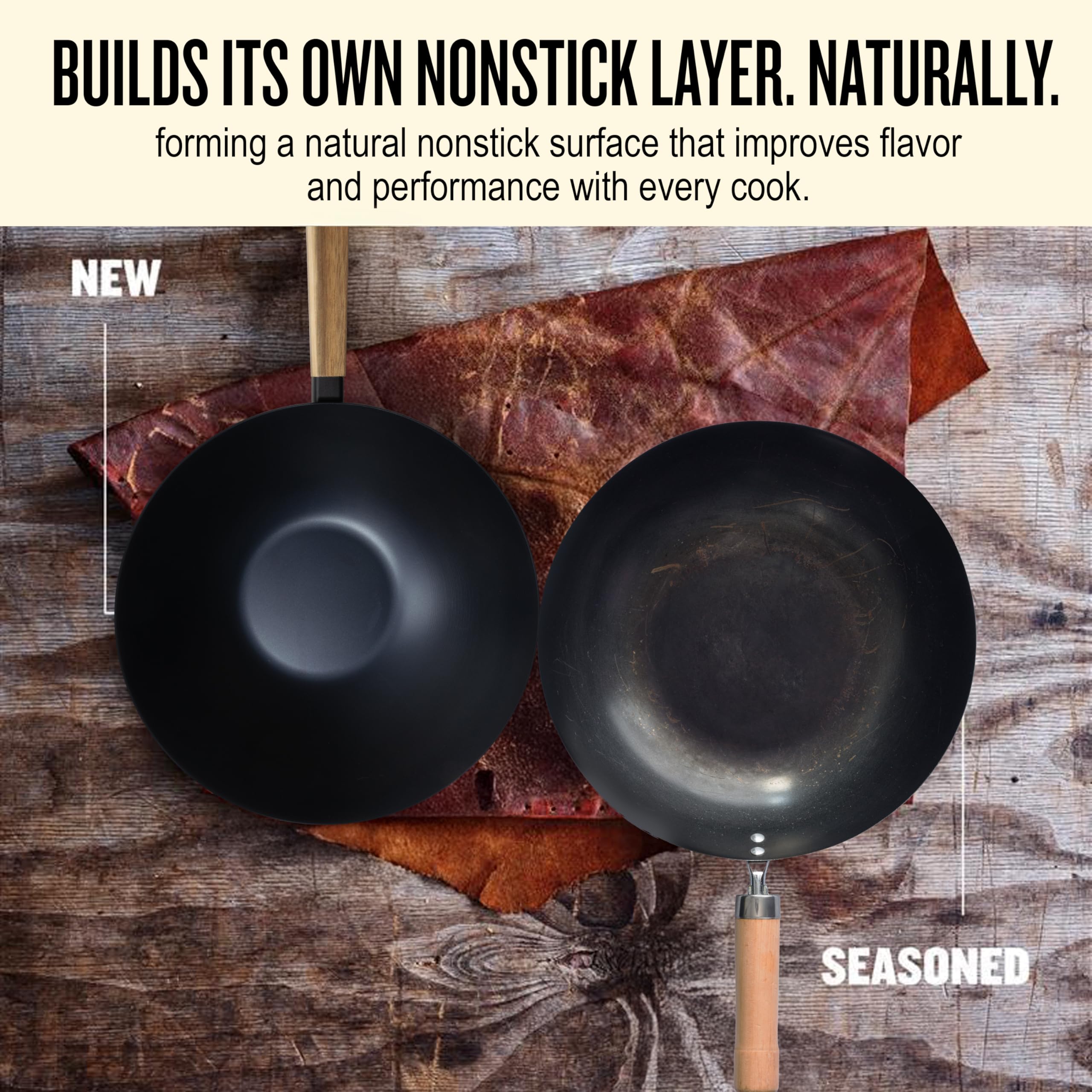 Alva Forest Naturally Nonstick Carbon Steel Wok Pan 12" - Acacia Wood Handle, Pre-Seasoned and Made without PFAS, PFOA & PTFE - Induction and All Stovetop Compatible with Even Heat Distribution