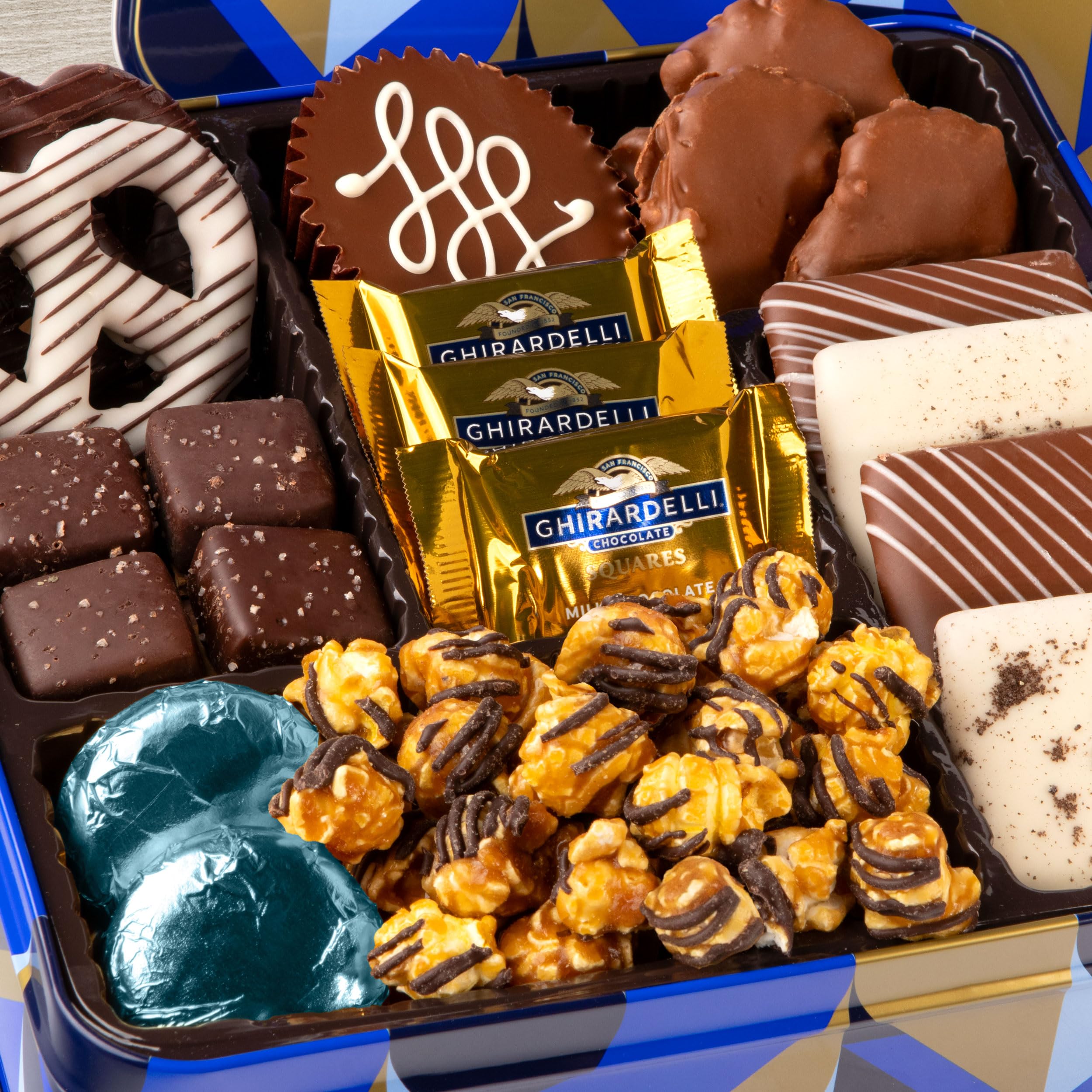 Blue Bow Gourmet Artisanal Chocolate Assortment Gift Tin for Easter, Birthday, Thank You