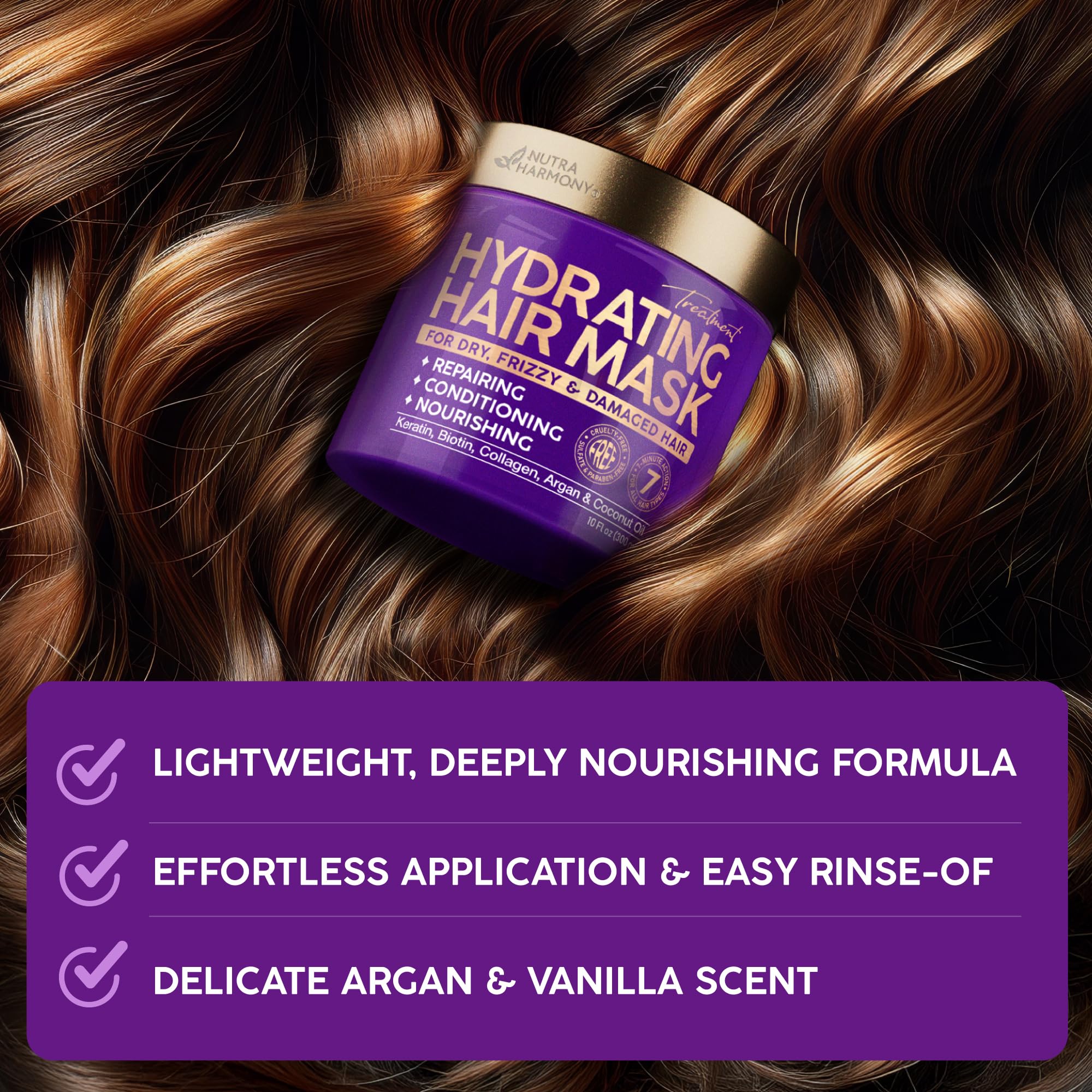 Hydrating Hair Mask for Damaged & Dry Hair – Deep Conditioning Keratin Treatment for Frizzy, Curly & Color-Treated – Anti-Frizz & Split Ends Repair with Collagen, Biotin, Argan & Coconut Oils – 10 oz