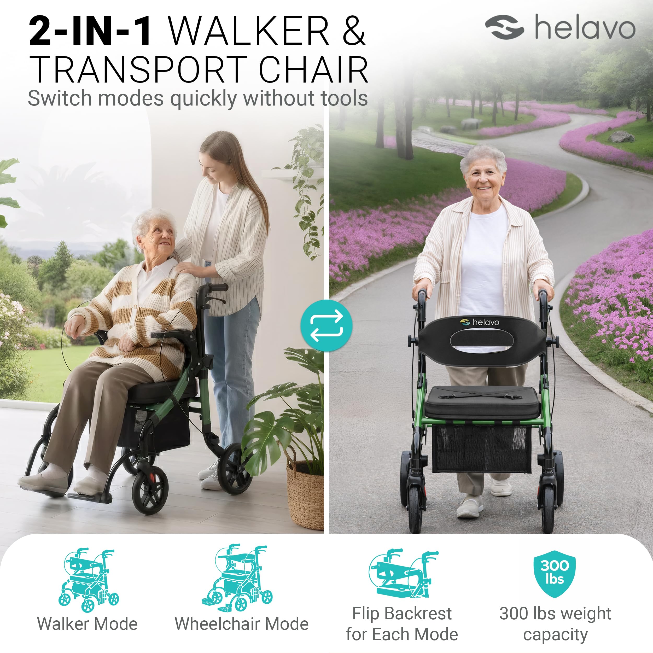 Helavo 2 in 1 Walker Wheelchair Combo with 10" All Terrain Wheels, Lightweight Rollator Transport Chair Combo, 300 lbs Load Capacity with Adjustable Height