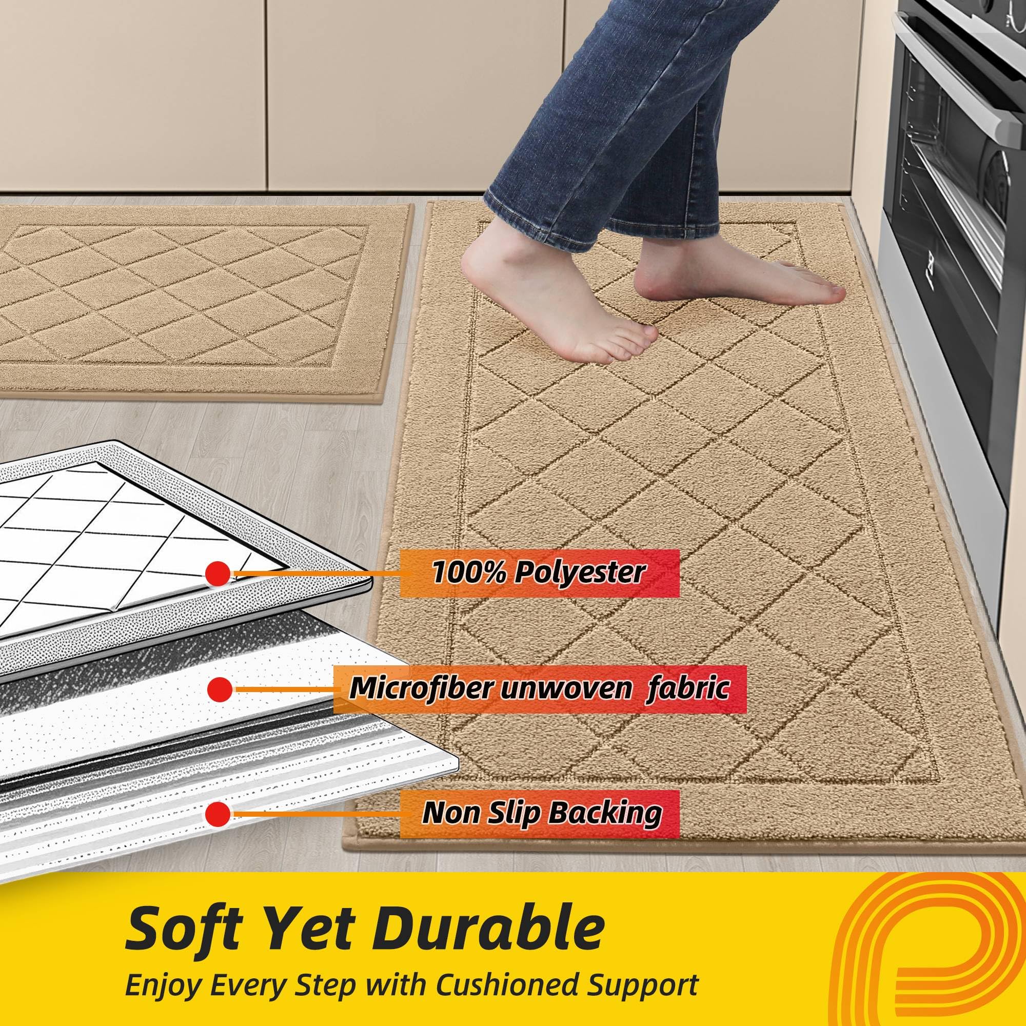 JSEI Non-Slip Kitchen Rugs, Self Adhesive No Sliding Kitchen Mats Set of 2, Soft Washable Absorbent Floor Mat for Kitchen, Bathroom, Laundry Room, Bedroom, 20”x32”+32”x48”, Beige, Diamond Pattern