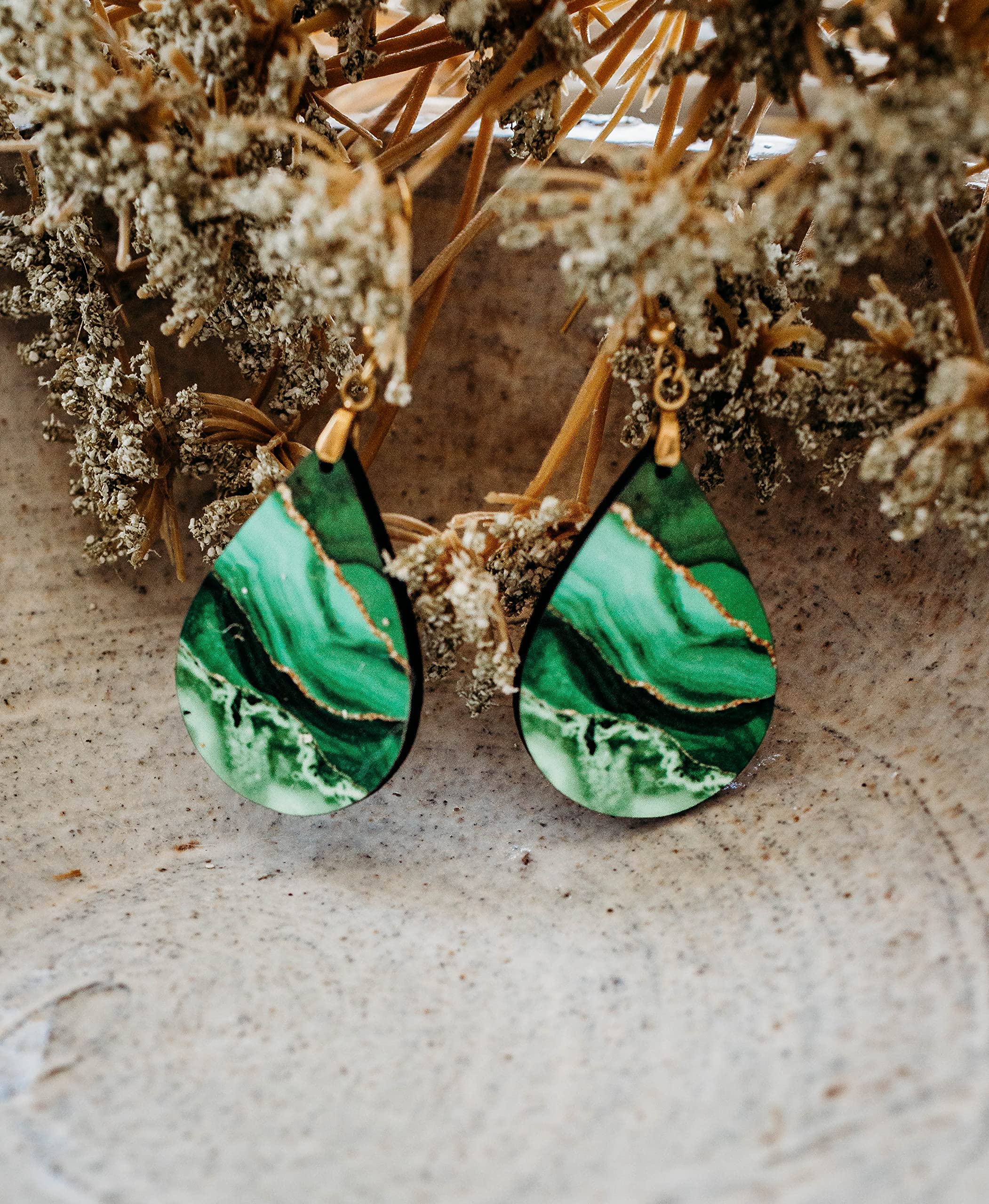 Green Earrings for Women with Gold Strands Teardrop Dangle Spring Dangling Wood Statement Jewelry MDF Kelly Lime Handmade by The Painted Pug (Large Single Pair)