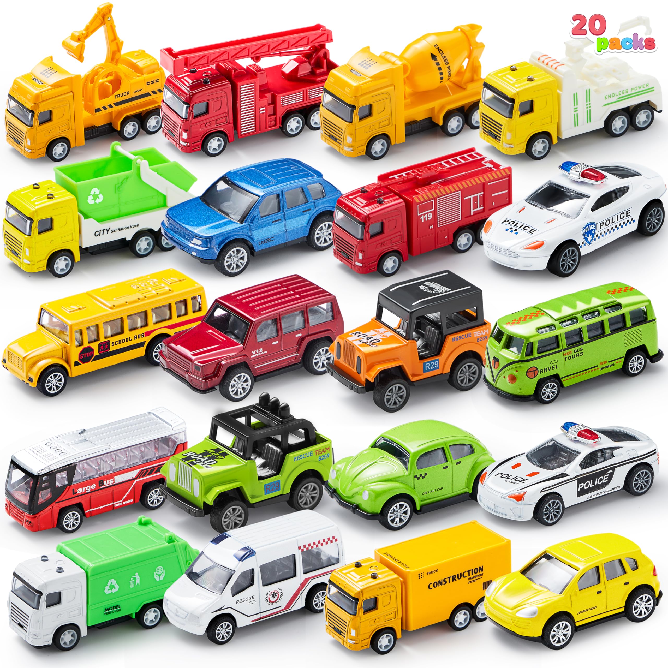 JOYIN 20PCS Die Cast Metal Pull Back Toy Cars, Vehicle Set for Toddlers, Child Party Favors, Cake Toppers, Stocking Stuffers, Race Cars for Boys, Gift Set for Babies
