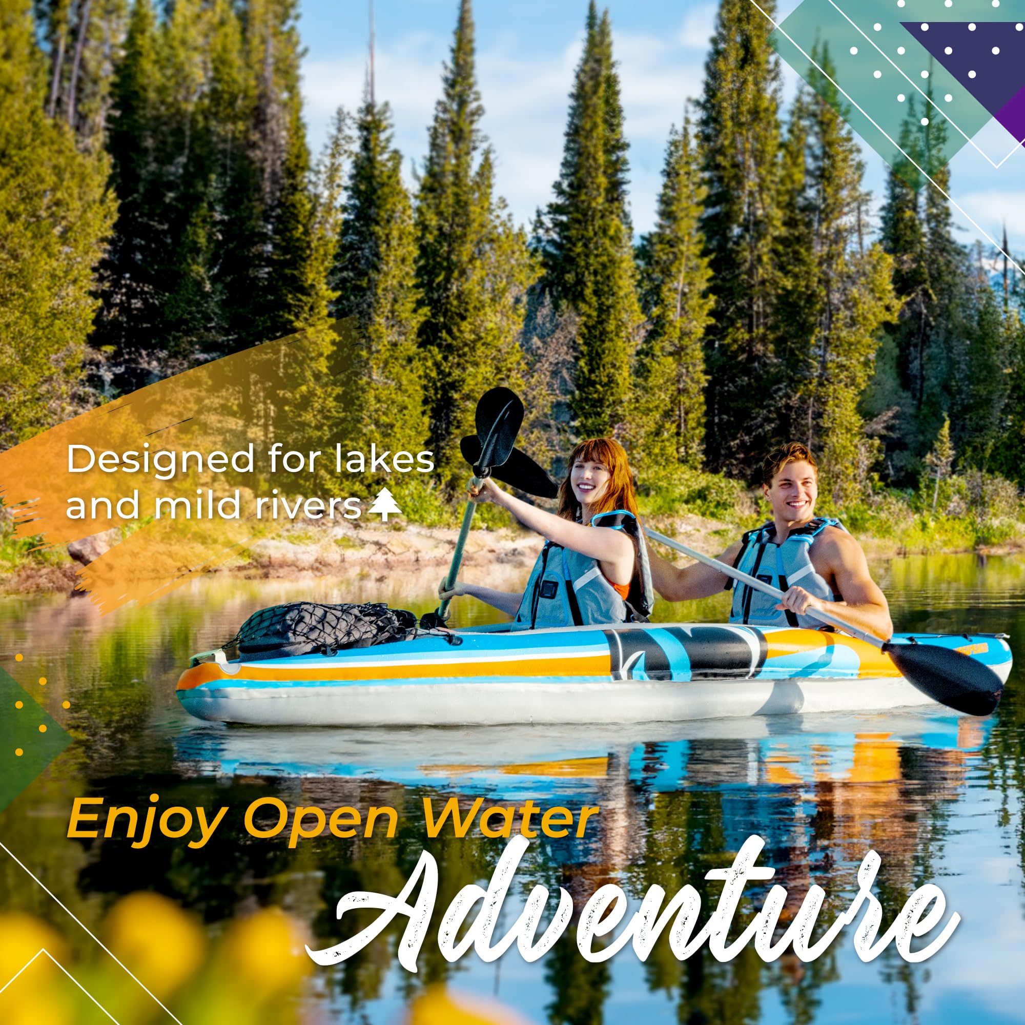 Sunlite Sports 2-Person Inflatable Kayak with Aluminum Oars (136" x 33"), High Output Air Pump and Storage Bag, Double Tandem Kayak for Adults, Two Person Canoe and Kayak, Good for Lakes and Rivers