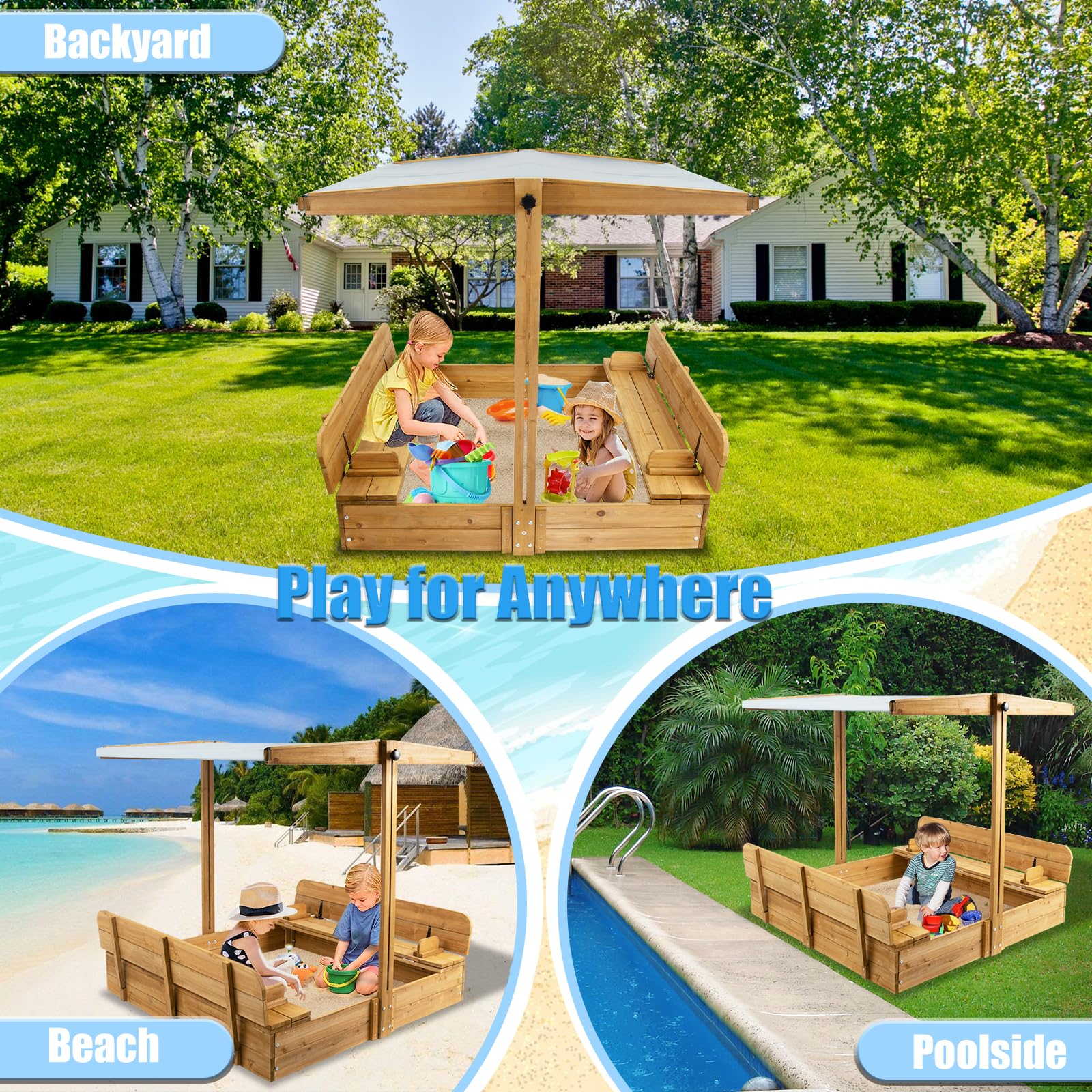 PetsCosset Wooden Sandbox with Cover, Sand Boxes for Kids Outdoor with Lid, Sandbox with 2 Foldable Bench Seats for Backyard (47x47in), UV-Resistant & Adjustable Height Roof, Gift for Ages 2-8