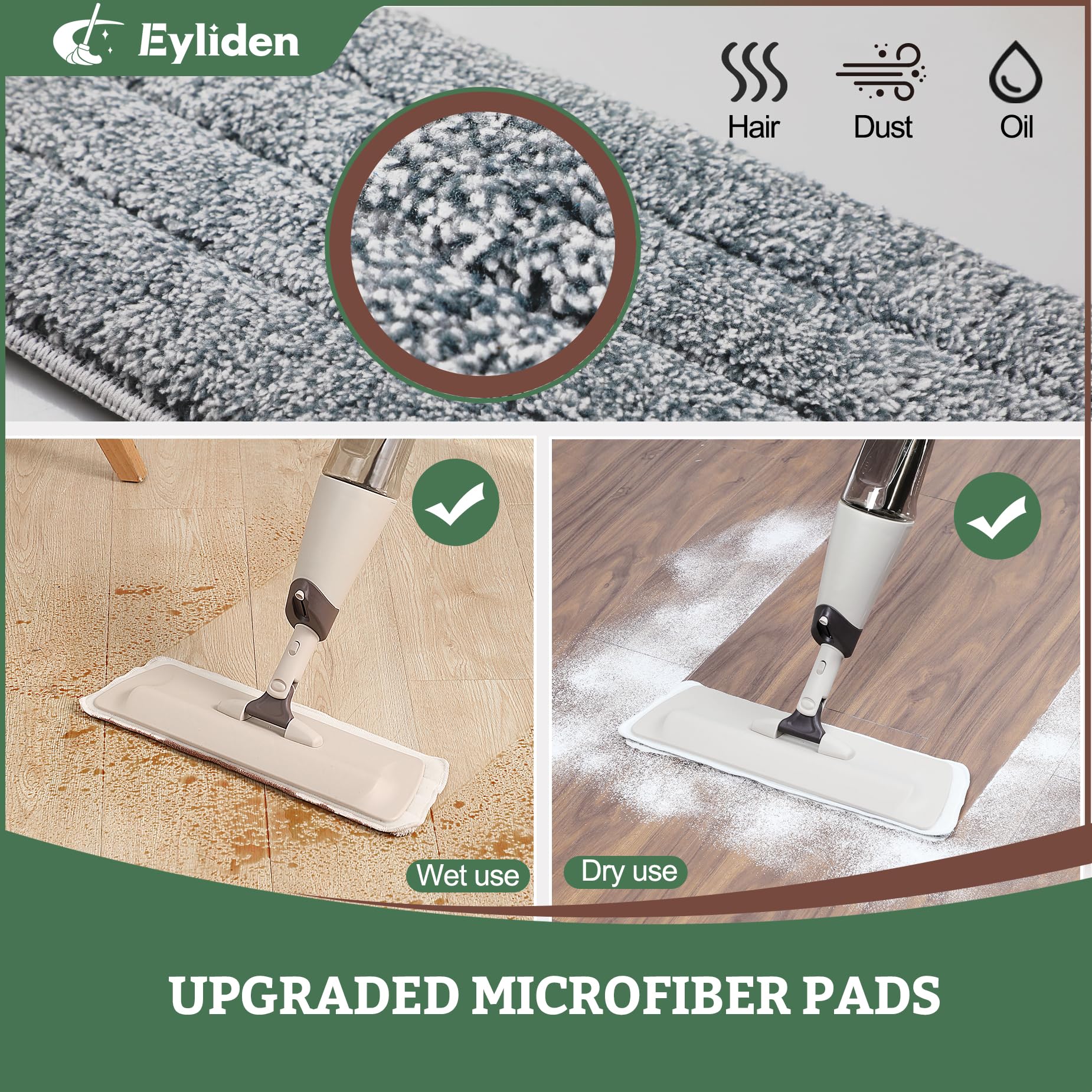 Eyliden Wet and Dry Spray Mop - 360° Rotating Head, 22 oz Refillable Bottle, 2 Washable Microfiber Pads, Ergonomic Handle - Floor Mop with Spray for Hardwood, Tile, and Laminate Floors (Brown)