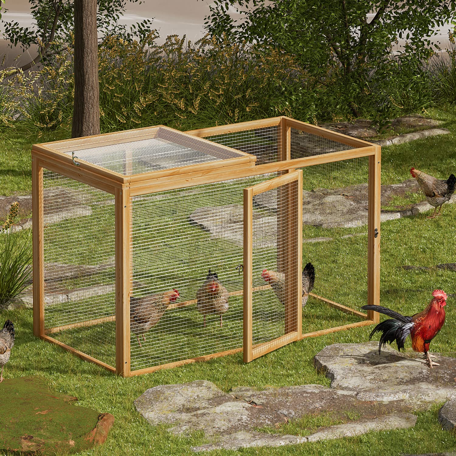 MoNiBloom Chicken Run for Yard Wood Chicken Cage Rabbit Hutch Bunny Pen with Openable Roof and Side Door, Outdoor Lockable Duck Coop Small Animal Habitat Enclosure Hen Coop Add-Ons, 45 x 24 x 28 inch