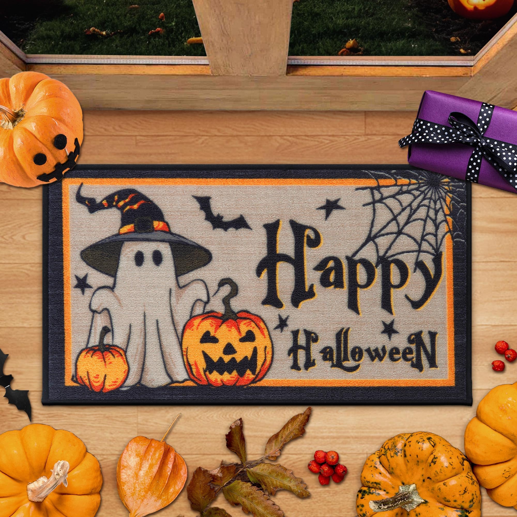 JSEI Halloween Holiday Doormat, 17''x30'' Non-Slip Ghost and Pumpkins Decorative Welcome Mats for Floor, Low-Profile Entryway Rugs Washable, Cute Ghost Pattern