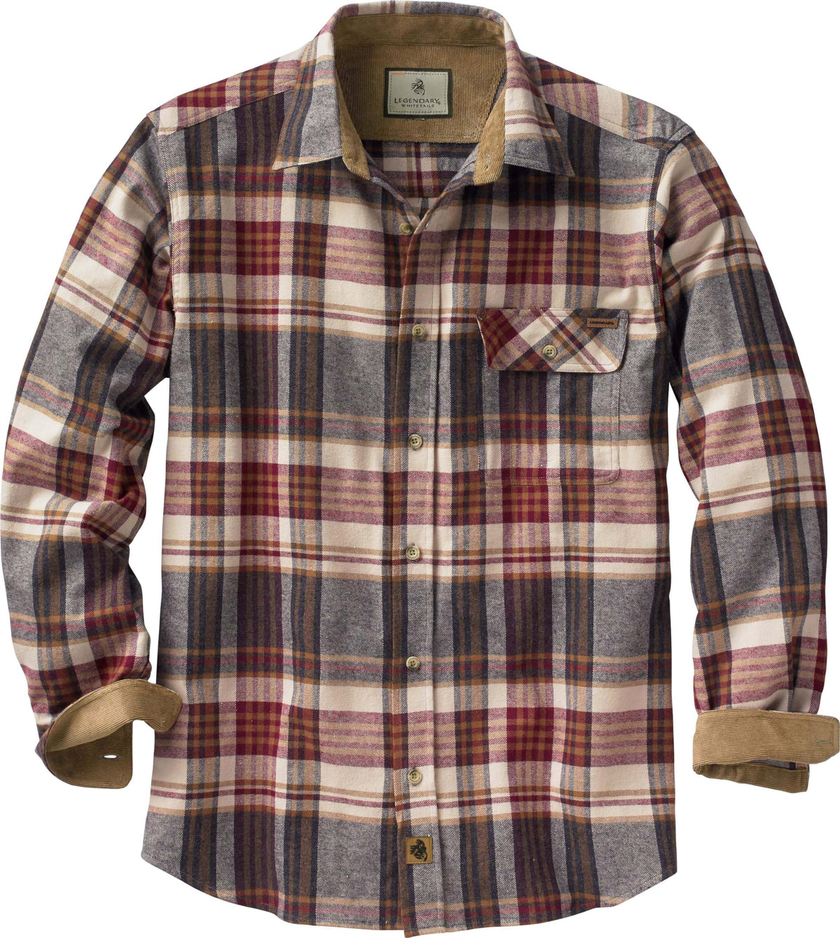 Legendary Whitetails Men's Standard Buck Camp Flannel, Long Sleeve Plaid Button Down Casual Shirt, Corduroy Cuffs, Cedarwood, Large