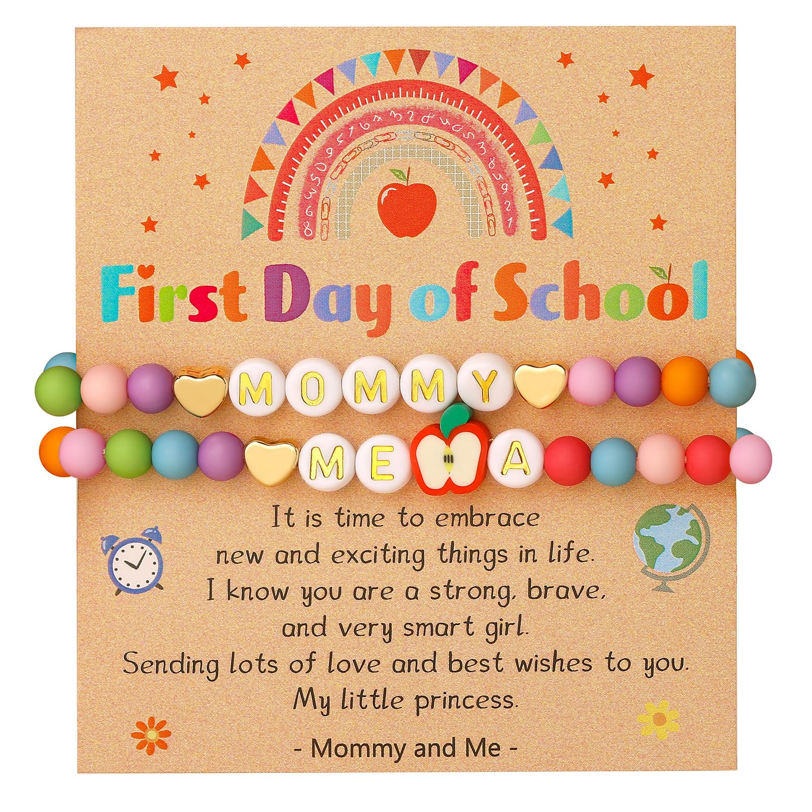 Bellino Back to School Initial Bracelet Mommy and Me, First Day of School Kindergarten Bracelets, Mom Mother Daughter Jewelry Gifts for Women Letter A
