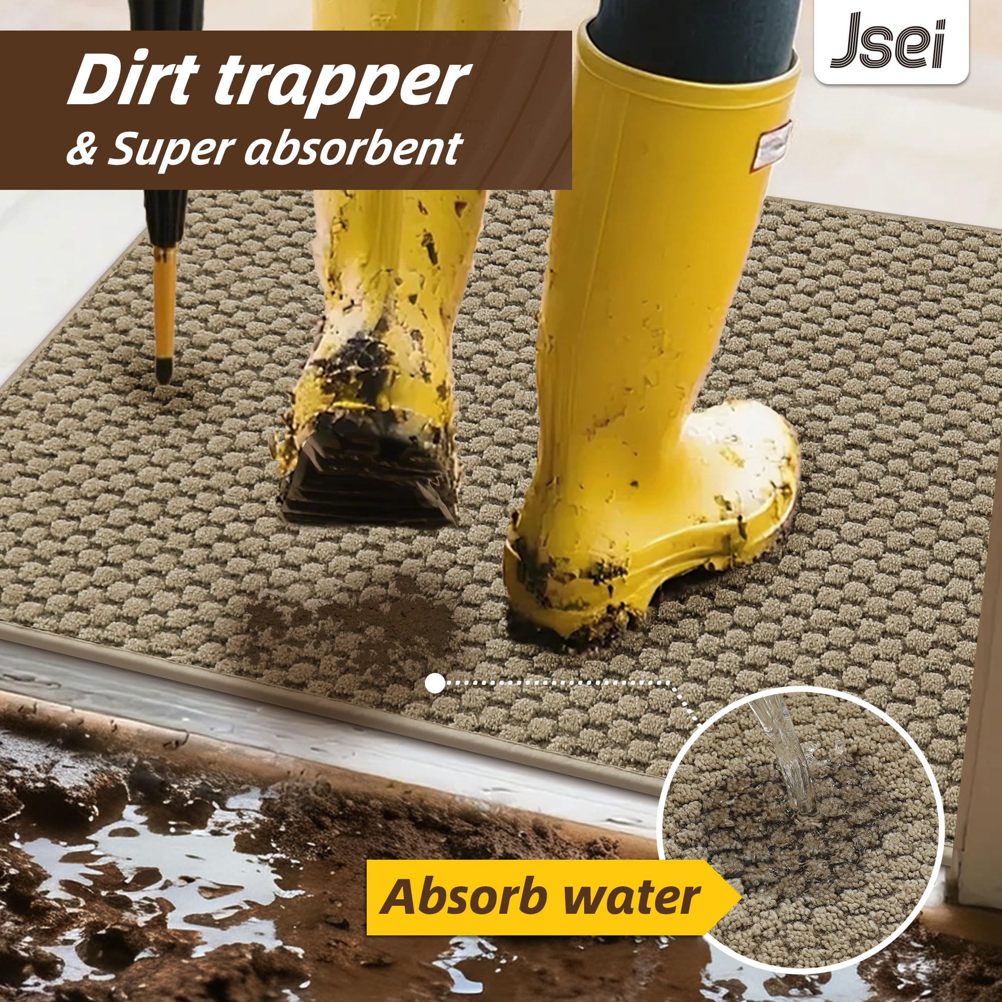 JSEI Dirt Trapper Door Mat 32"x48", Non-Slip Entryway Rugs Doormat Indoor, Washable Absorbent and Stain Resist Welcome Floor Mat for Front Door, Dog Door Mat, Muddy Wet Shoes & Paws, Beige