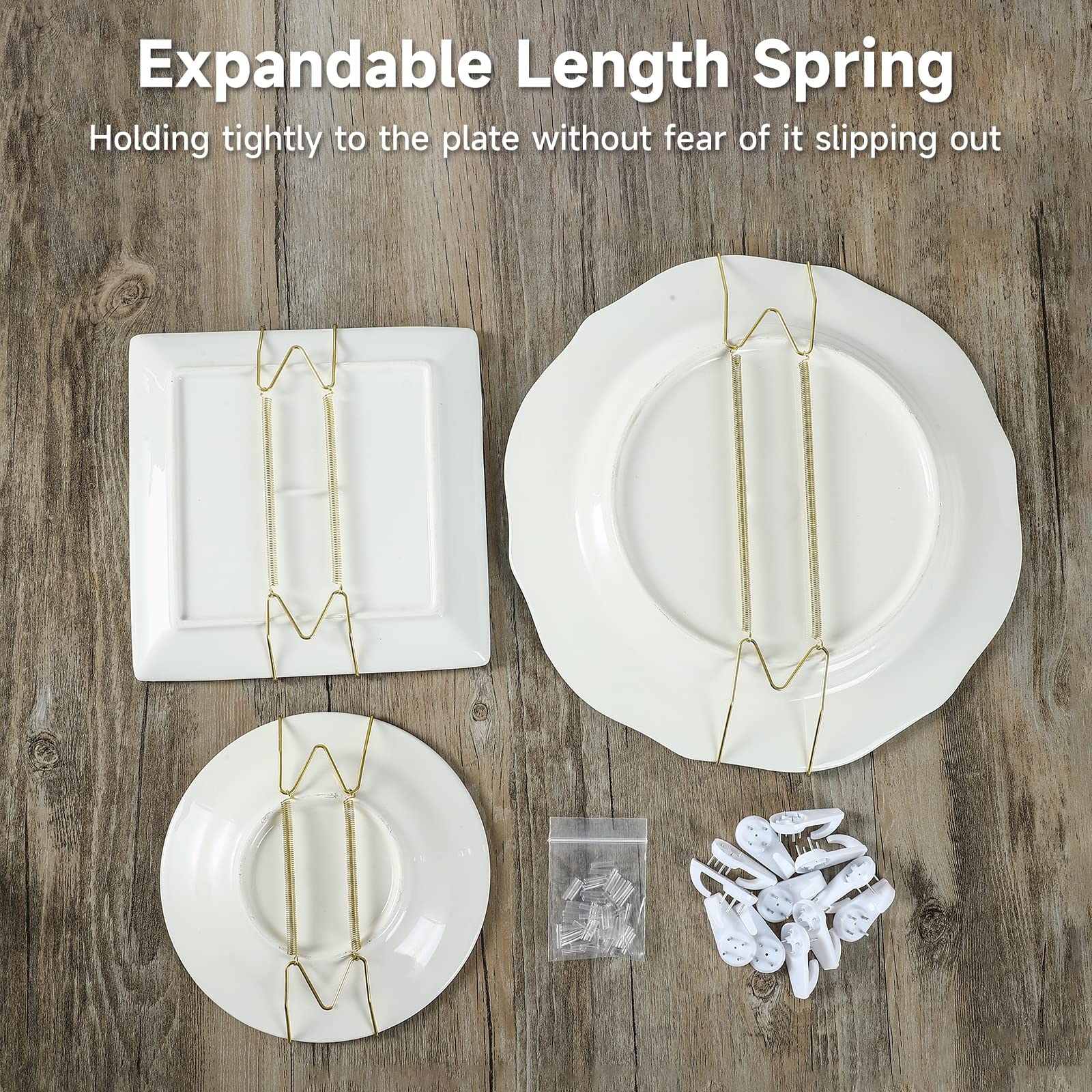 Fasunry 10-Piece Brass Plate Wall Hangers, 8 Inch Invisible Decorative Plate Holders, Comes with 12-Piece Wall Hooks