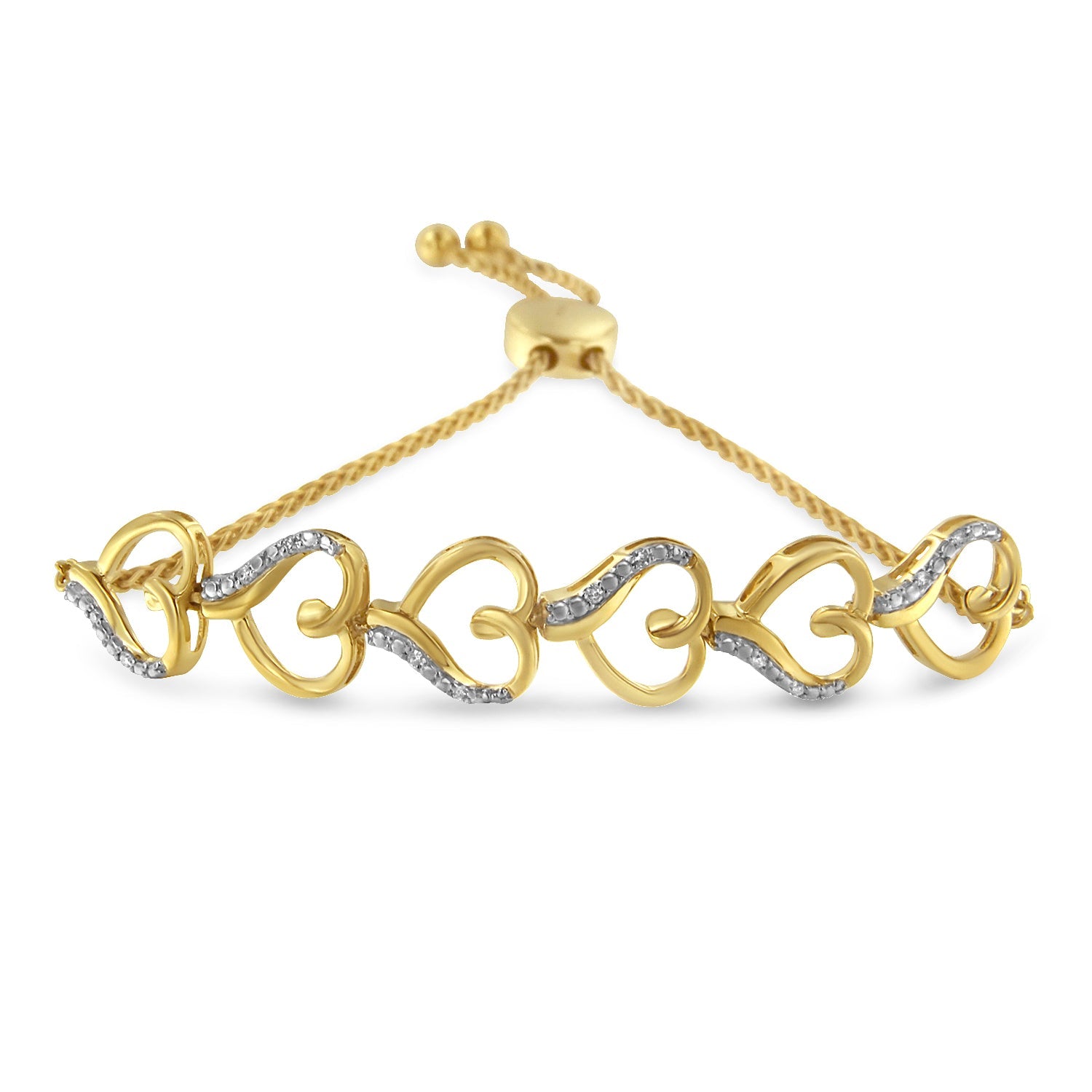 10K Yellow Gold over .925 Sterling Silver Diamond Accented Open Hearts 6â€-9†Adjustable Chain Bolo Bracelet (H-I Color, I2-I3 Clarity)