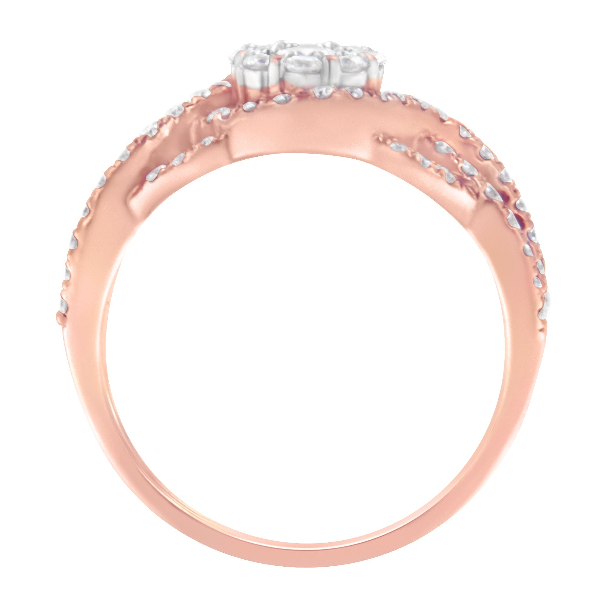 10K Rose Gold 3/4 Cttw Diamond Floral Cluster Head and Twisted Shank Cocktail Ring (H-I Color, SI1-SI2 Clarity)- Size 7