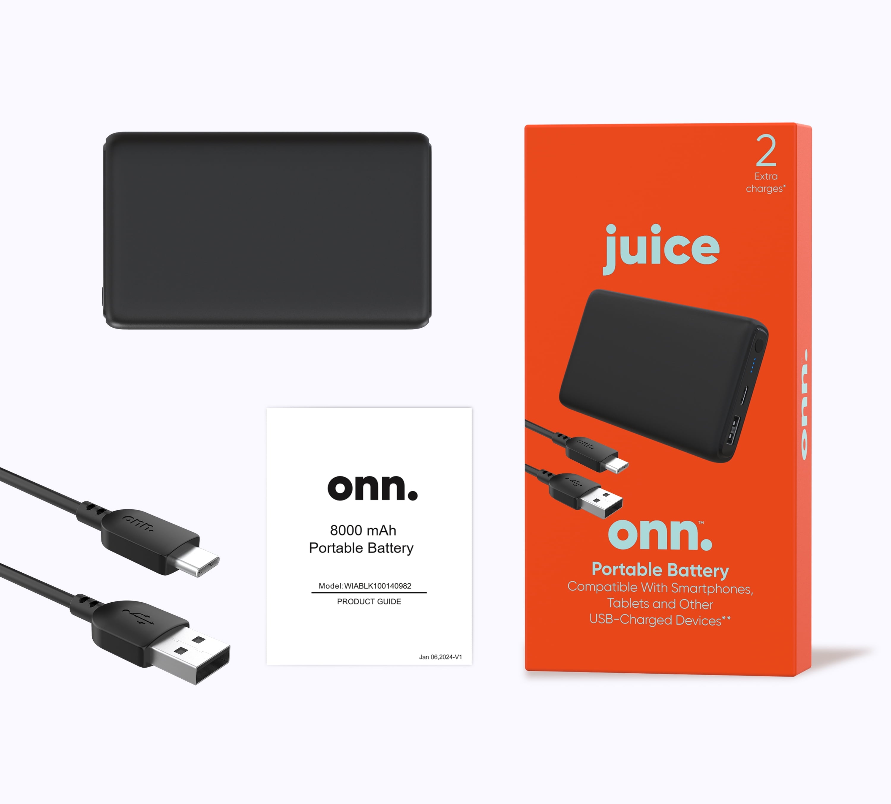 Onn 8,000 mAh dual USB-C/USB-A port portable battery, Black