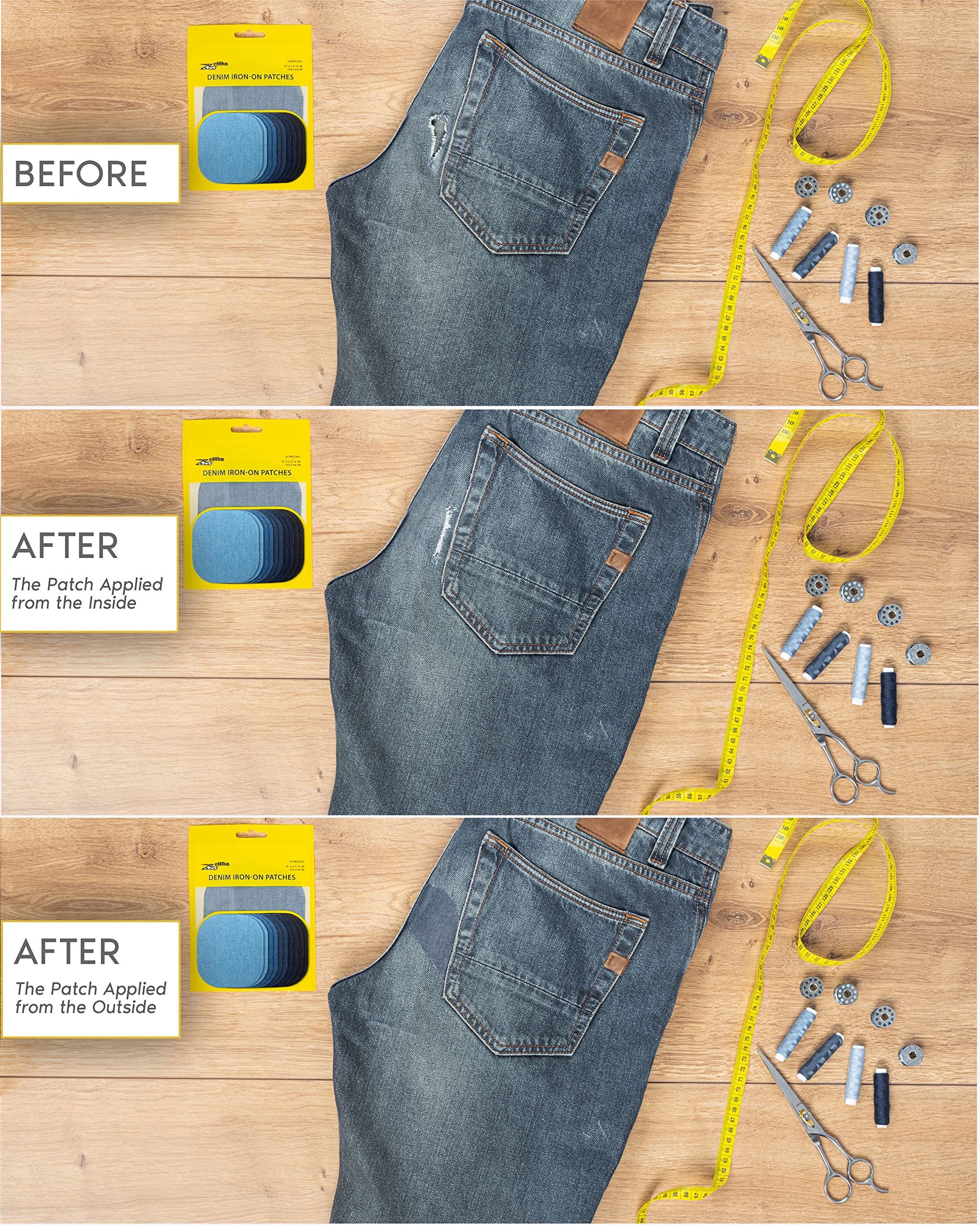 ZEFFFKA Denim Iron-on Jean Patches Inside & Outside Strongest Glue 100% Cotton Assorted Shades of Blue Black Repair Decorating Kit 10 Pieces Size 4-1/4" by 3-3/4" (9.8 cm x 10.8 cm)