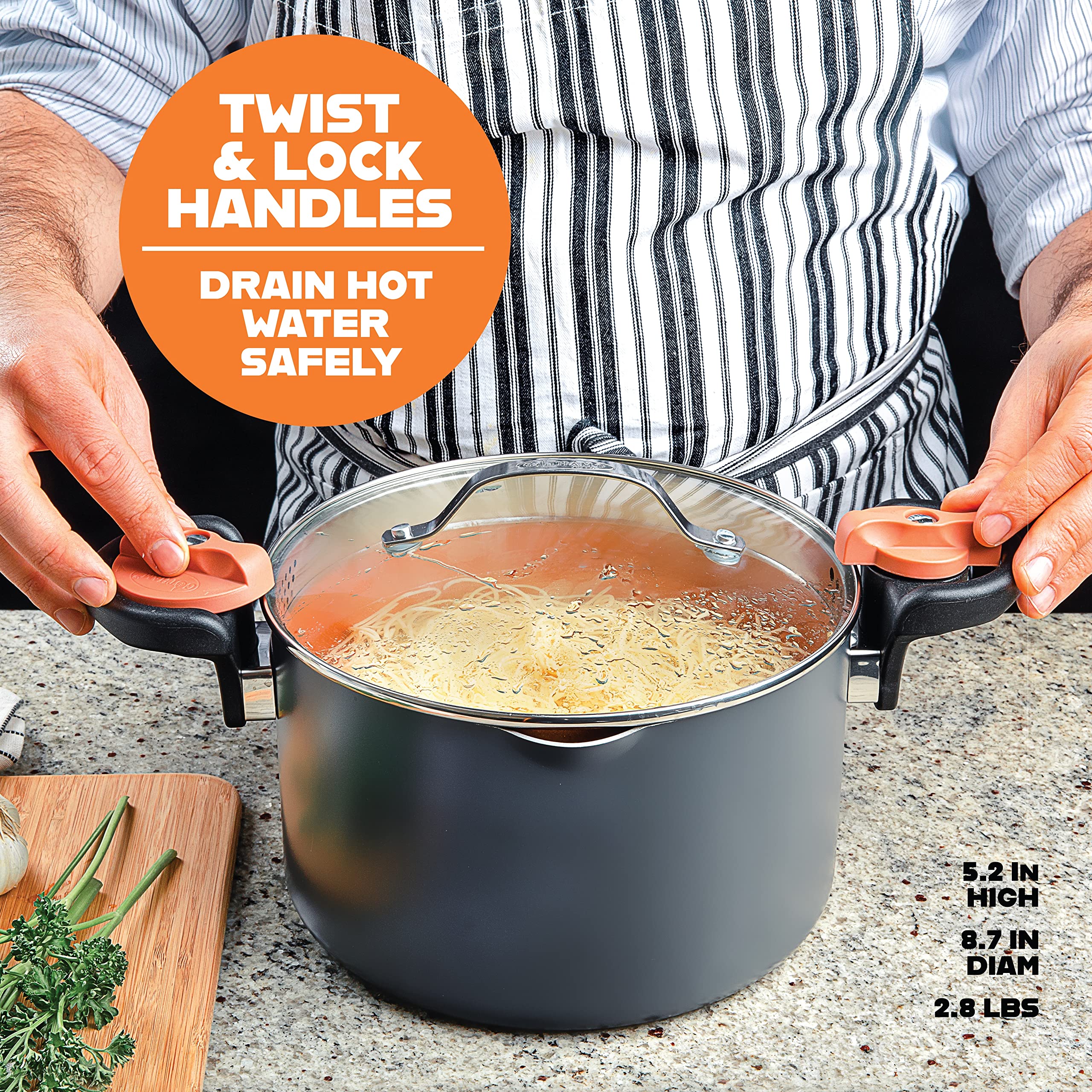 GOTHAM STEEL 5 Qt Ceramic Stock Pot Multipurpose Pasta Pot with Strainer Lid & Twist and Lock Handles, Nonstick Ceramic Pot for Soup, Spaghetti, Rice, Pots for Kitchen, Dishwasher Safe - Copper