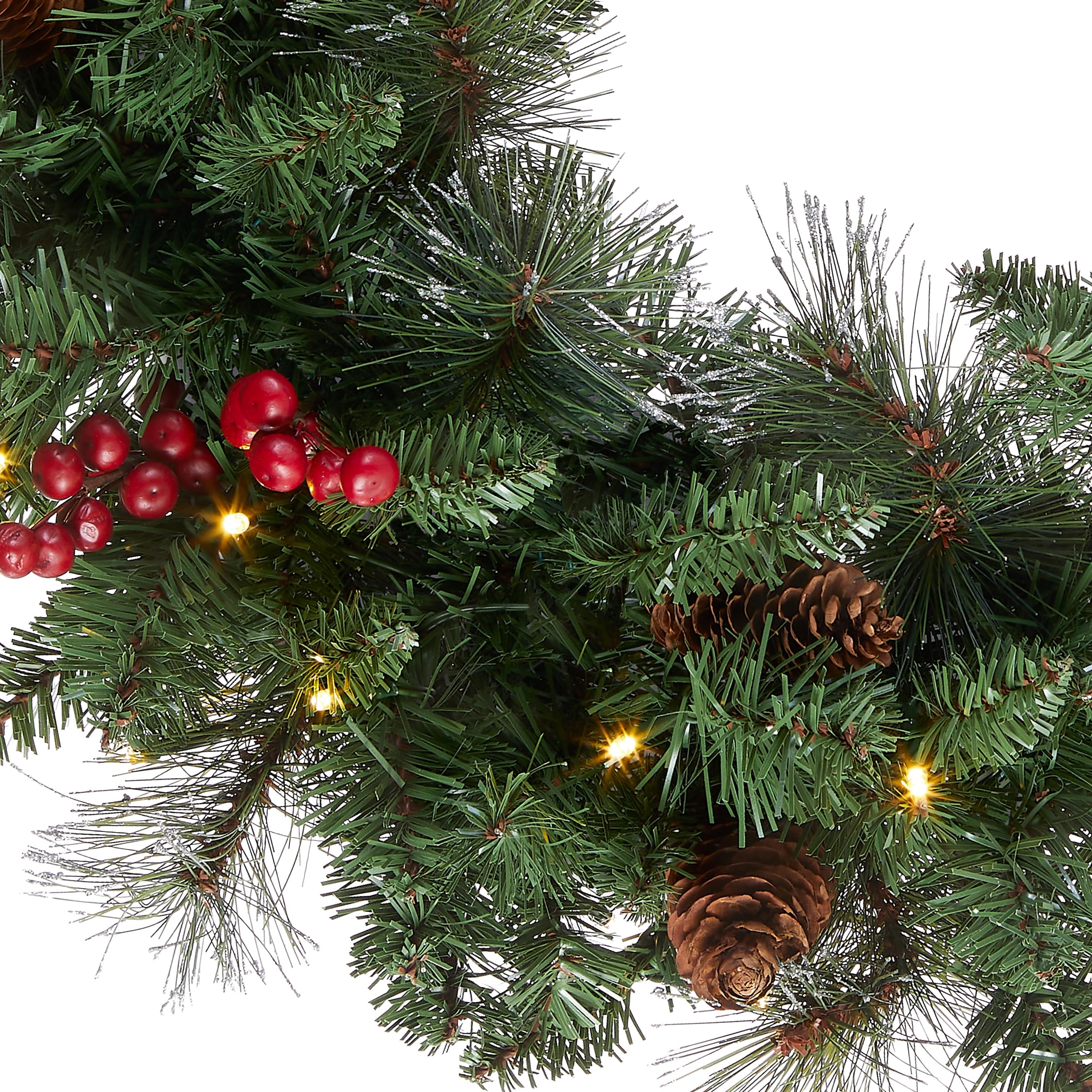 National Tree Company Pre-Lit Artificial Christmas Wreath, Green, Crestwood Spruce, White Lights, Decorated with Pine Cones, Berry Clusters, Frosted Branches, Christmas Collection, 24 Inches