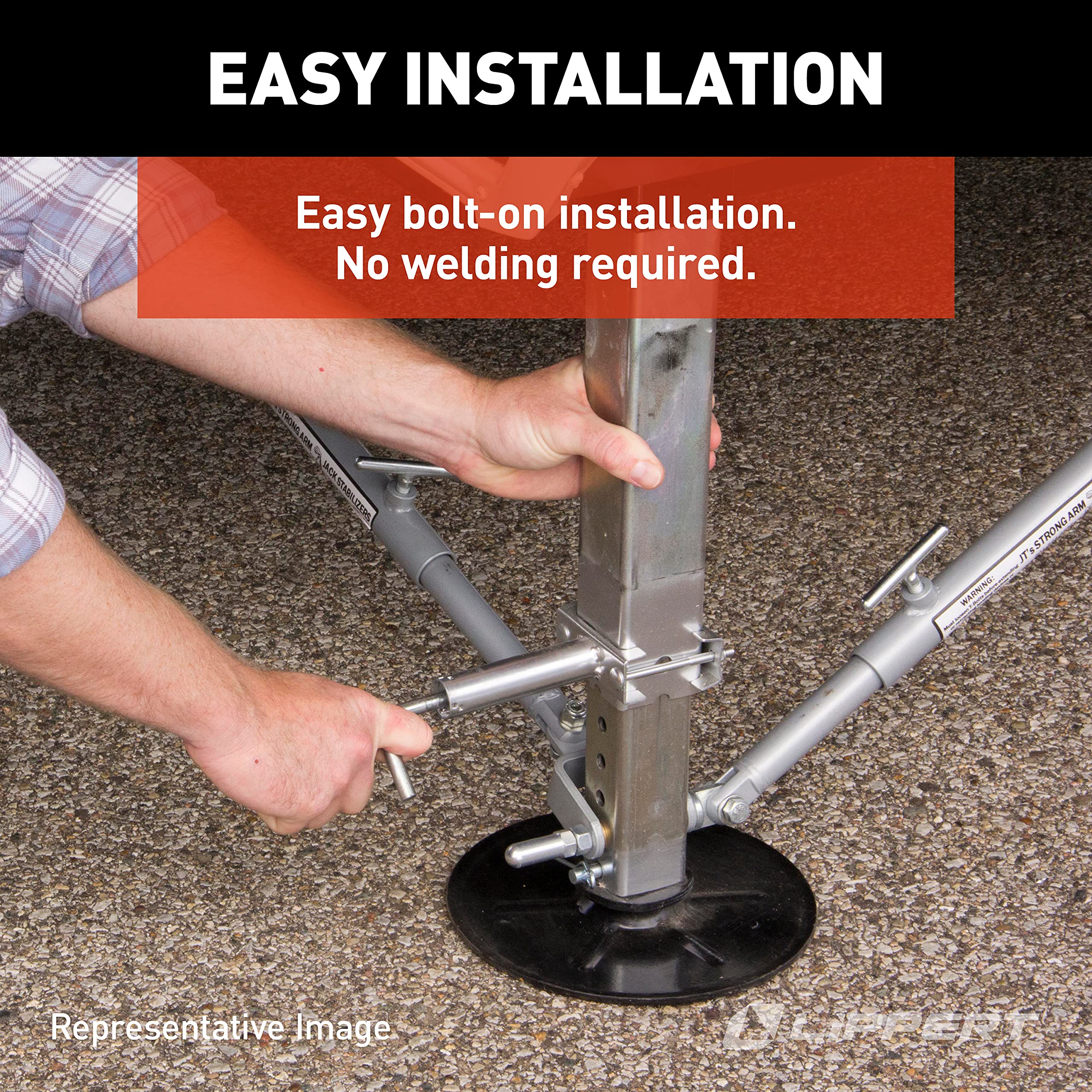 JT's Strong Arm Fifth-Wheel Jack Stabilizer Kit, Bolt-On Installation, Universal Compatibility, Telescoping Tubes, Eliminates Chassis Movement - 191023