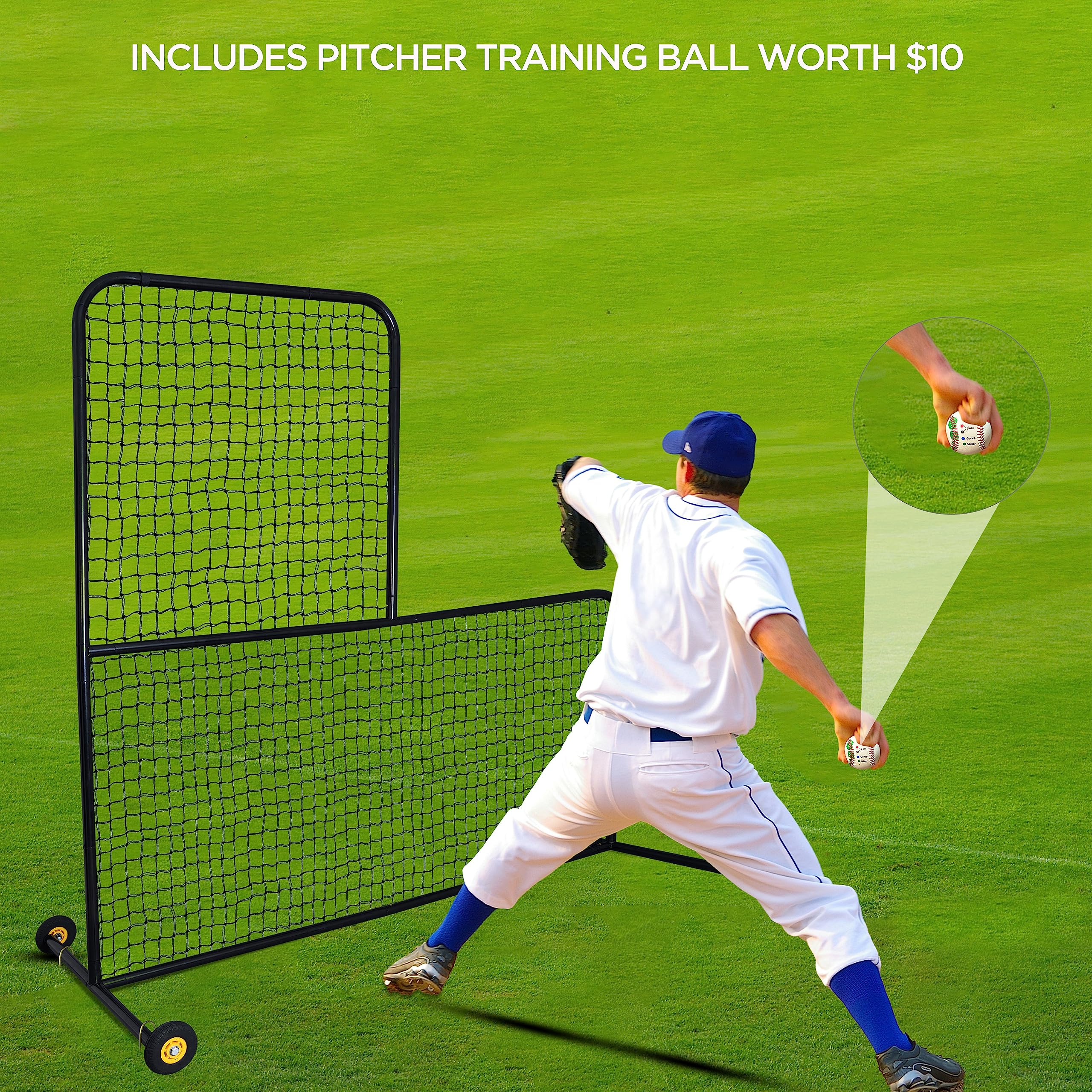 L Screen Baseball for Batting Cage Pitching Screen Portable 7x7 ft Protector Net with Rubber Wheels and Training Ball