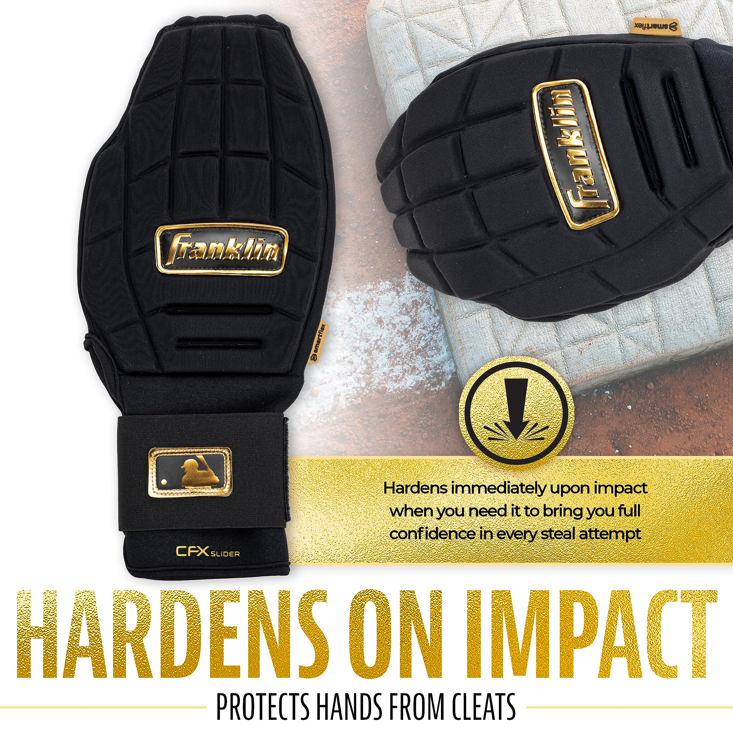 Franklin Sports MLB Baseball + Softball Sliding Mitt - CFX PRT Adult Protective Baserunning Sliding Glove - Left + Right Hand Mitt - Hand + Wrist Protector for Running - Black + Gold - One Size
