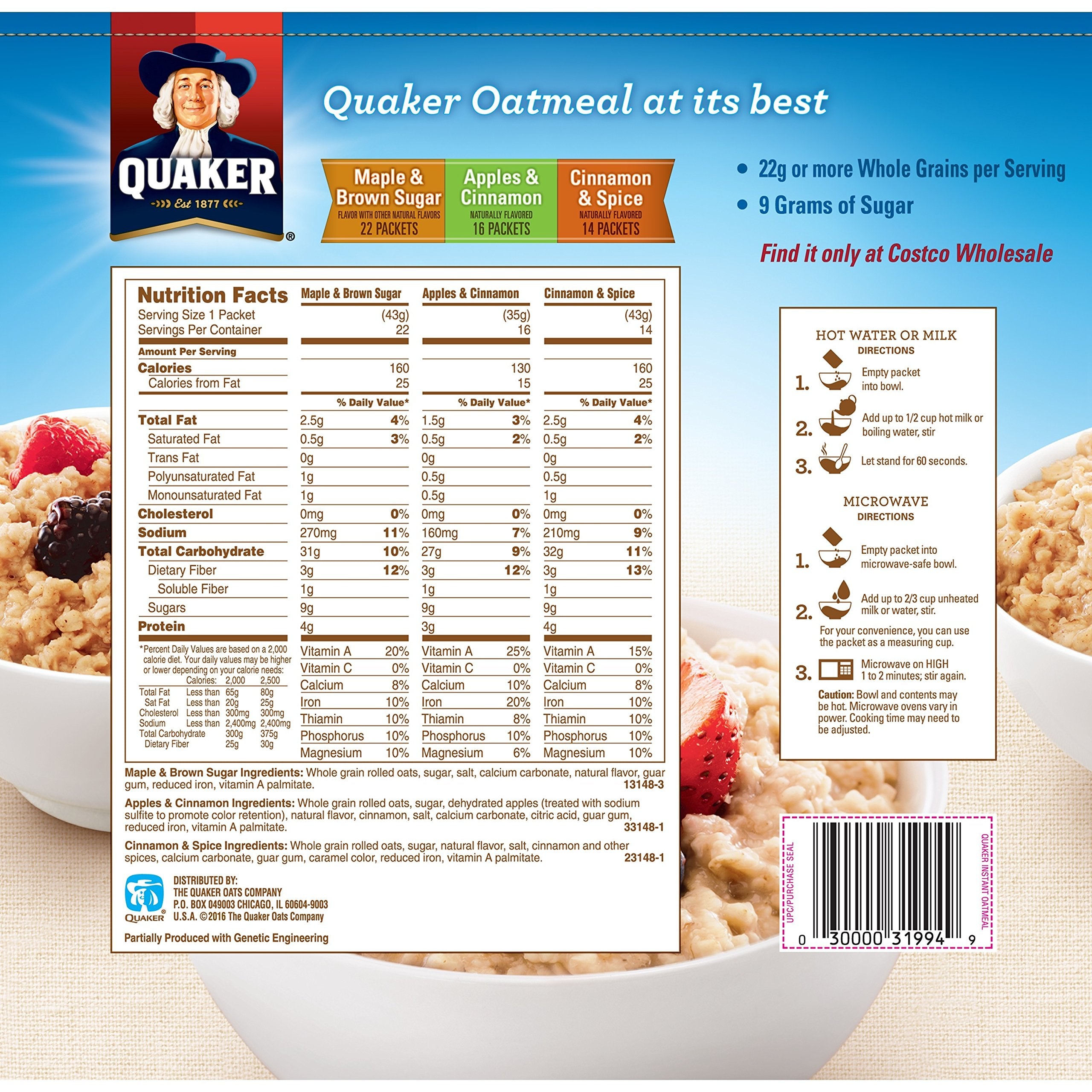 Quaker Instant Oatmeal Variety, 52 ct