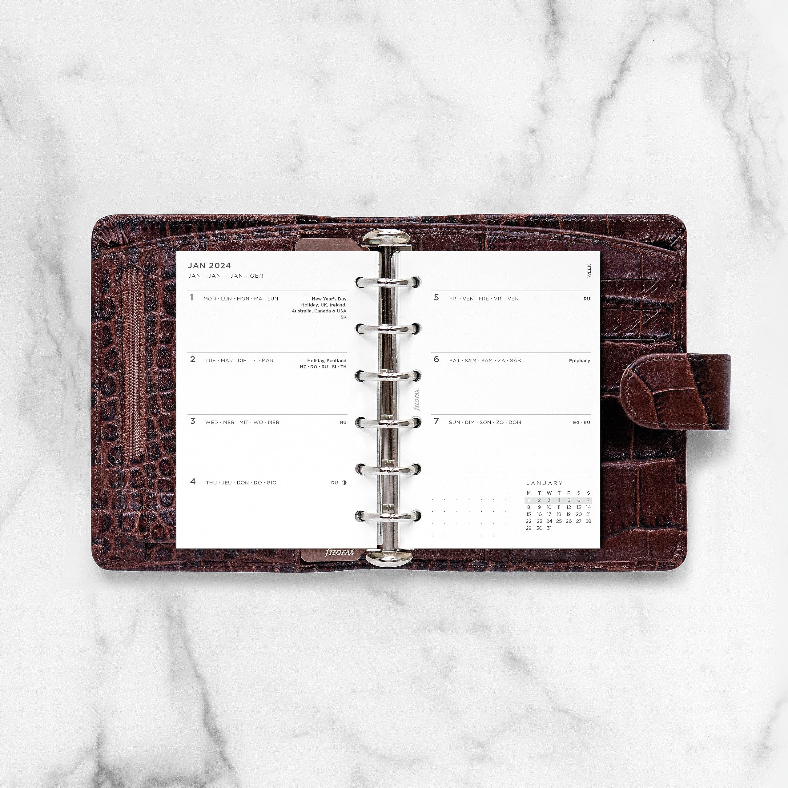 Filofax Calendar Diary Refill, Pocket Size, Week-to-View, Minimal Diary Pack, White Paper, Multilingual: Five Languages, 2024 (C68290-24)