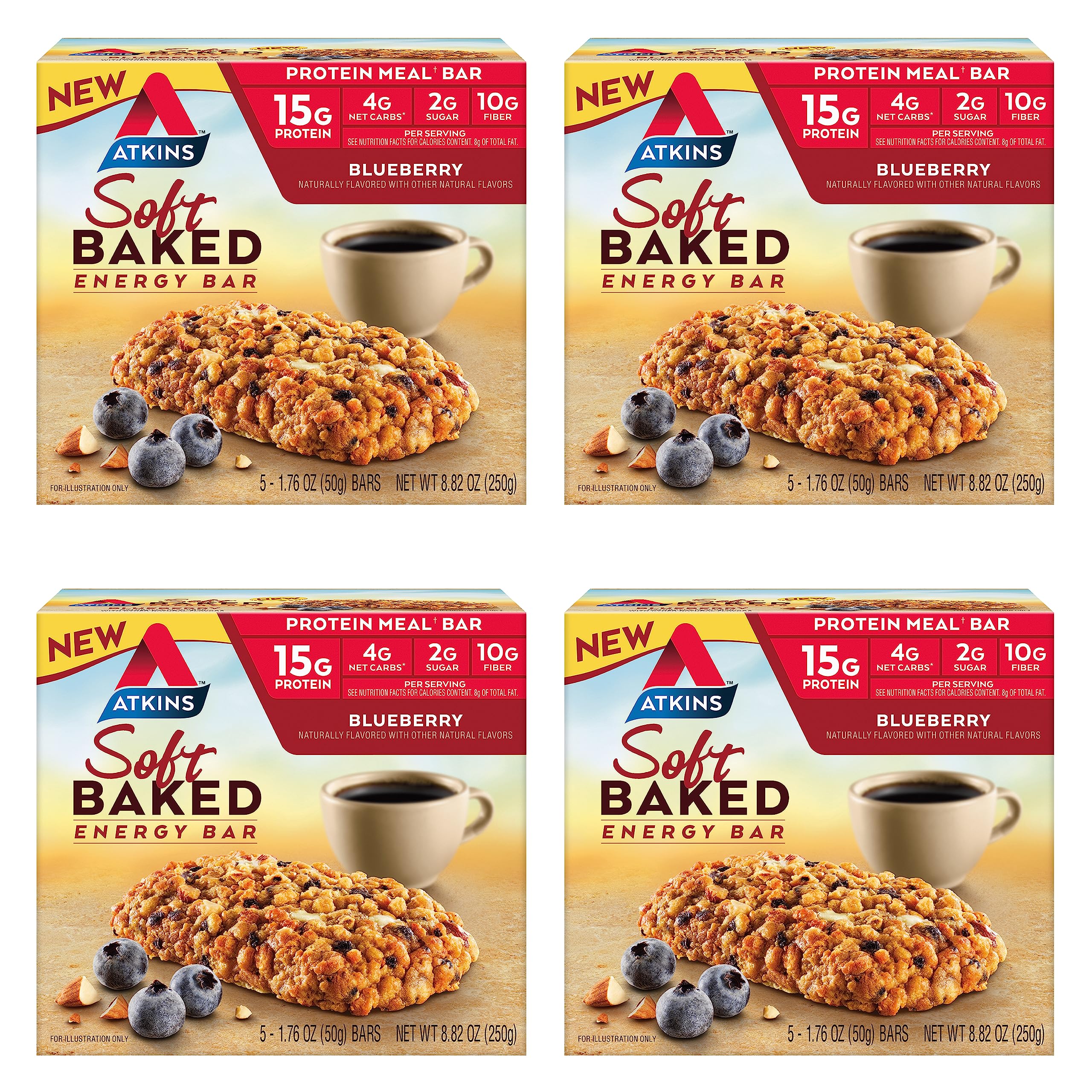 Atkins Soft Baked Energy Bars, Blueberry, 15g Protein,2g Sugar, Excellent Source of Fiber, Low Carb, 4 Packs (5 Bars Each)