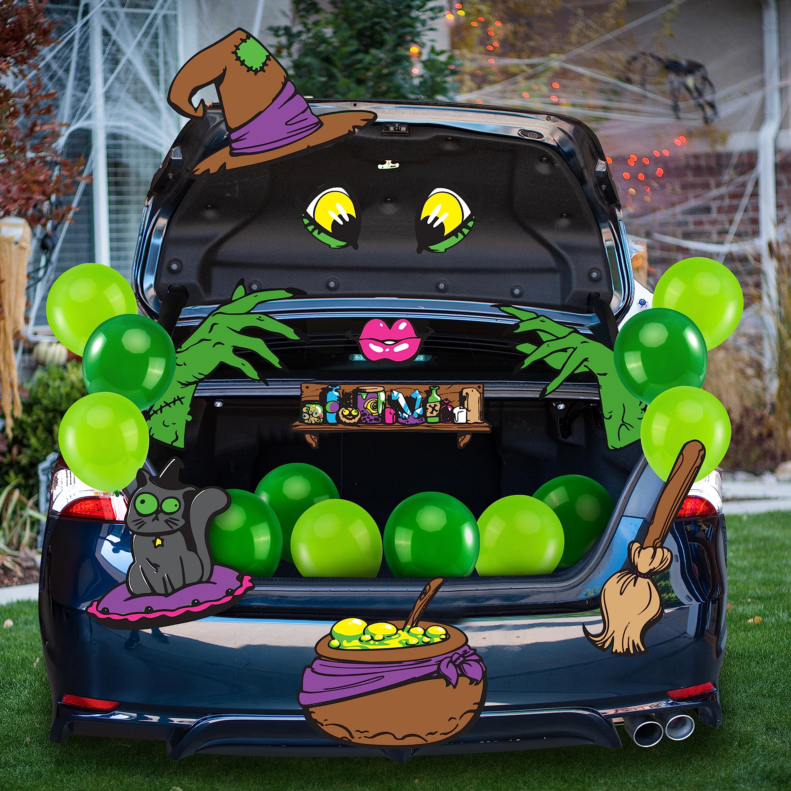 JOYIN Halloween Witch Trunk or Treat Car Decorations Kit for SUV, Witch hat Balloons Cauldron Witch Broom Black Cat Car Stickers Vehicle Van Garage Door Entryway Archway Halloween Decorations Outside