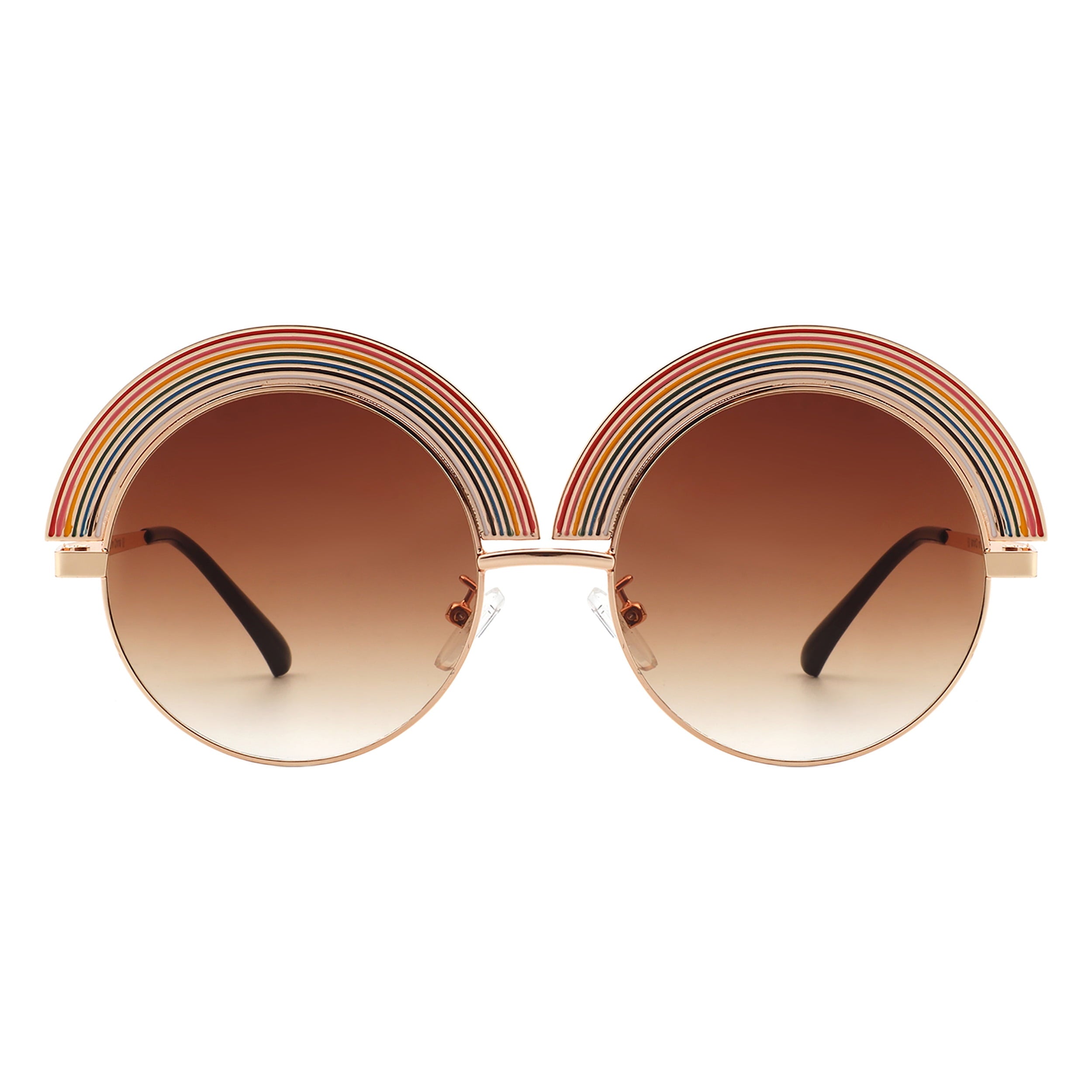 Rainbow Top Sunglasses Gold Round Circle Oversized Festival Shades UV 400 Brown