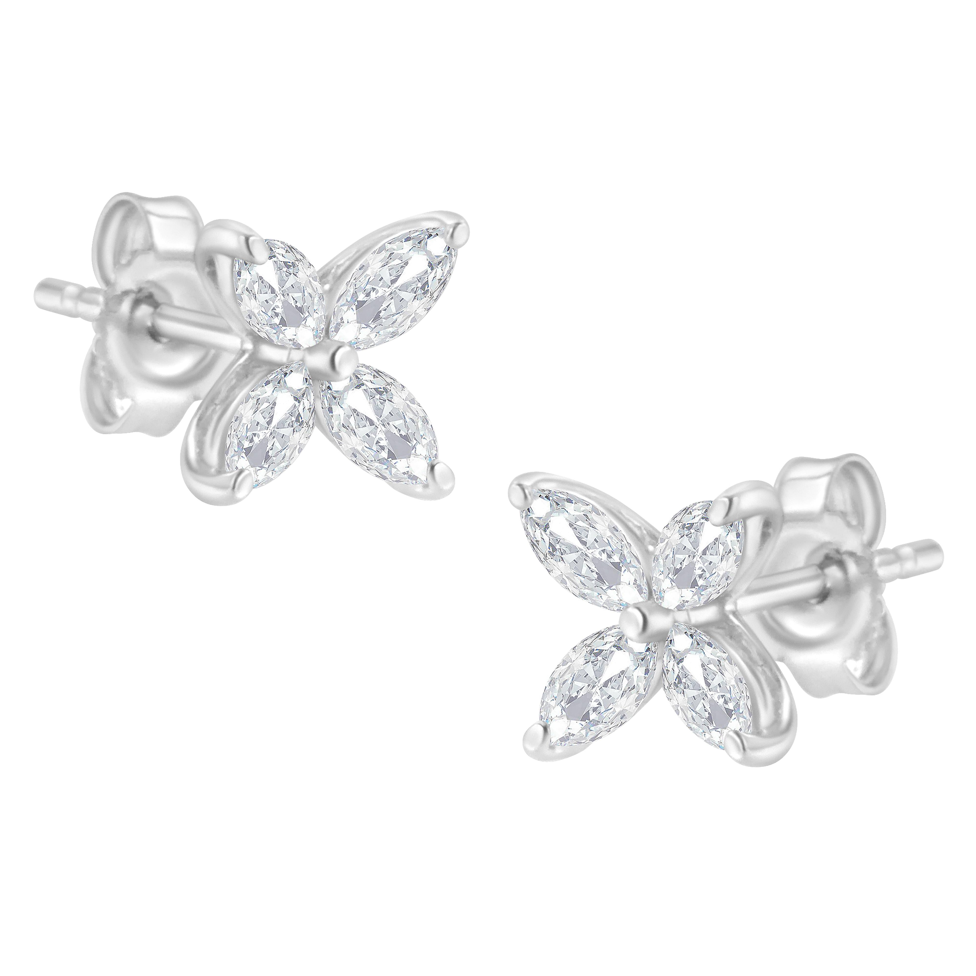 14K White Gold 1/2 Cttw Marquise Diamond 8 Stone Floral Leaf Stud Earrings (H-I Color, SI1-SI2 Clarity)