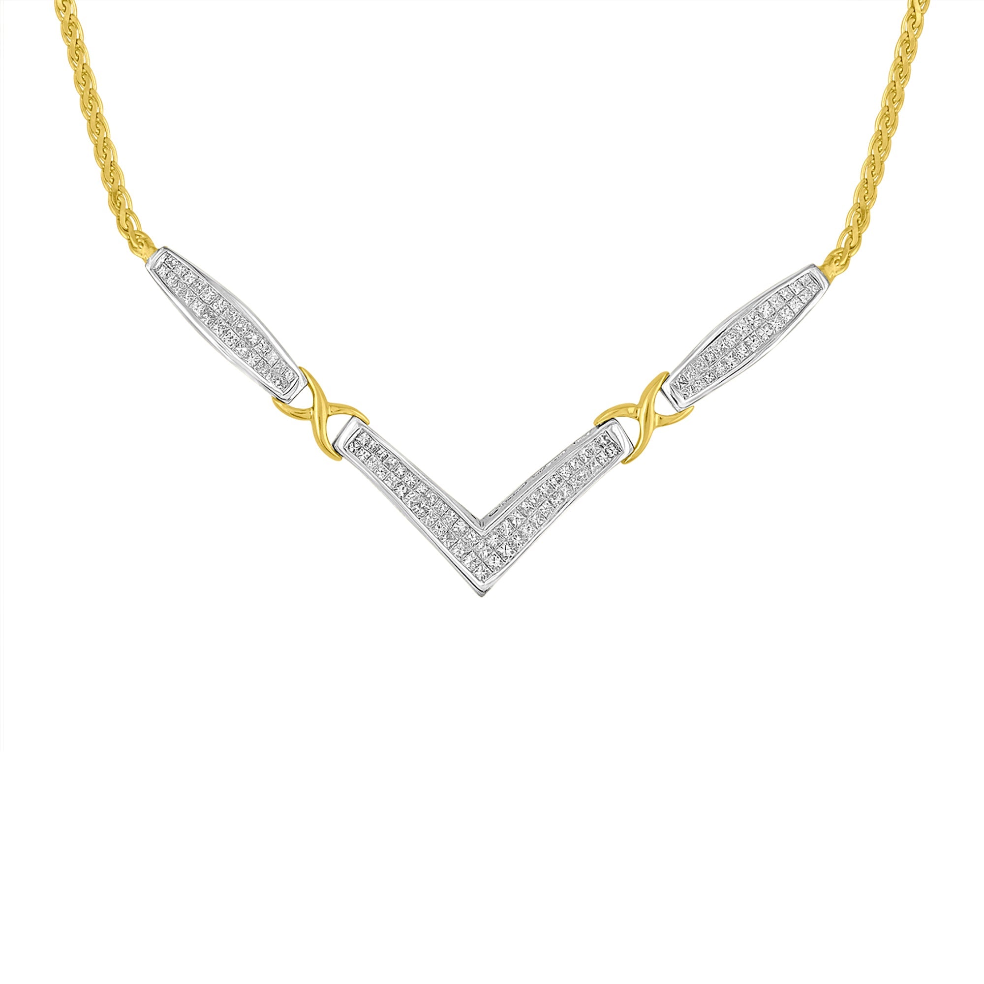 14K Yellow and White Gold 2.0 Cttw Princess Cut Diamond Flared and X-Station V Shaped 18†Franco Chain Statement Necklace (H-I Color, SI2-I1 Clarity)