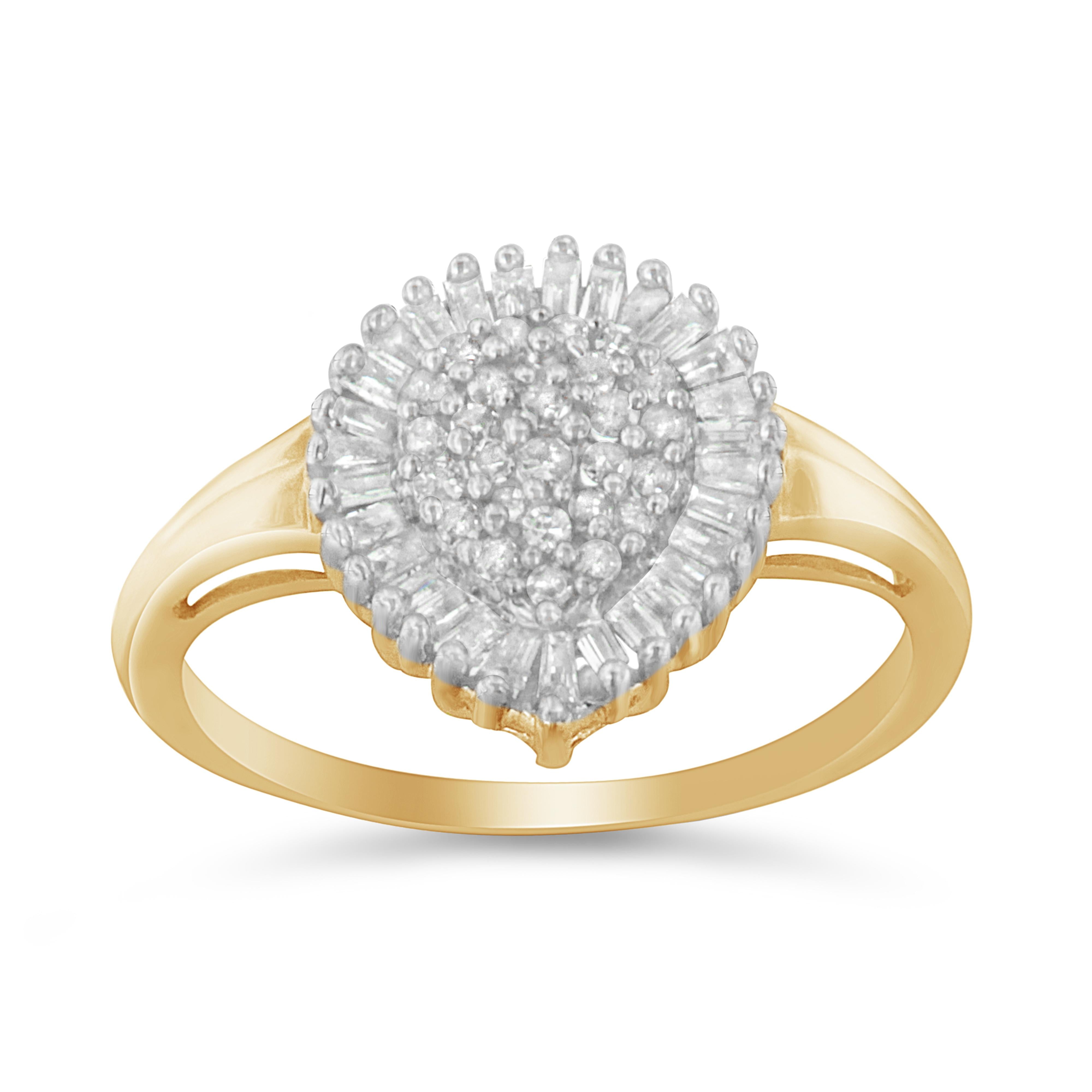 10K Yellow Gold 1/2 Cttw Round & Baguette Cut Diamond Pear Shaped Domed Pavé Cluster with Halo Cocktail Ring (J-K Color, I1-I2 Clarity) - Size 4-1/4