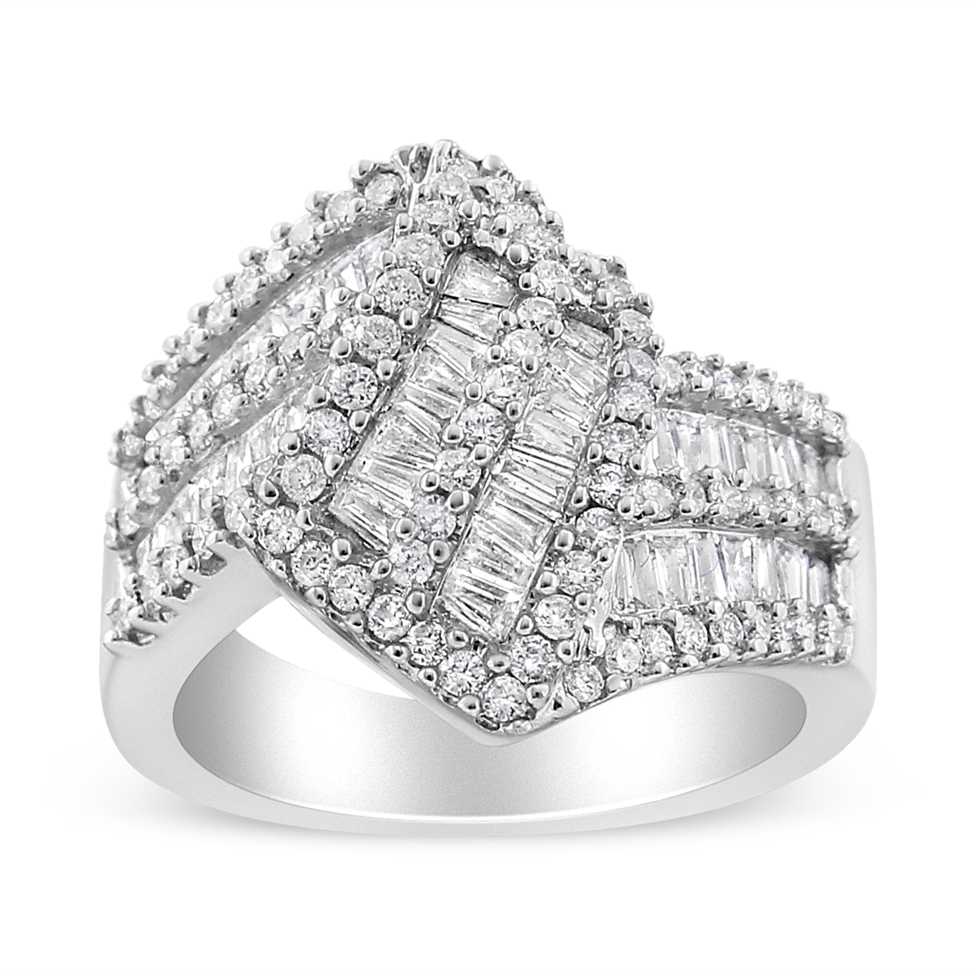 14K White Gold 1-1/2 Cttw Round and Baguette Diamond Bypass Cocktail Ring Band (H-I Color, SI1-SI2 Clarity) - Size 7