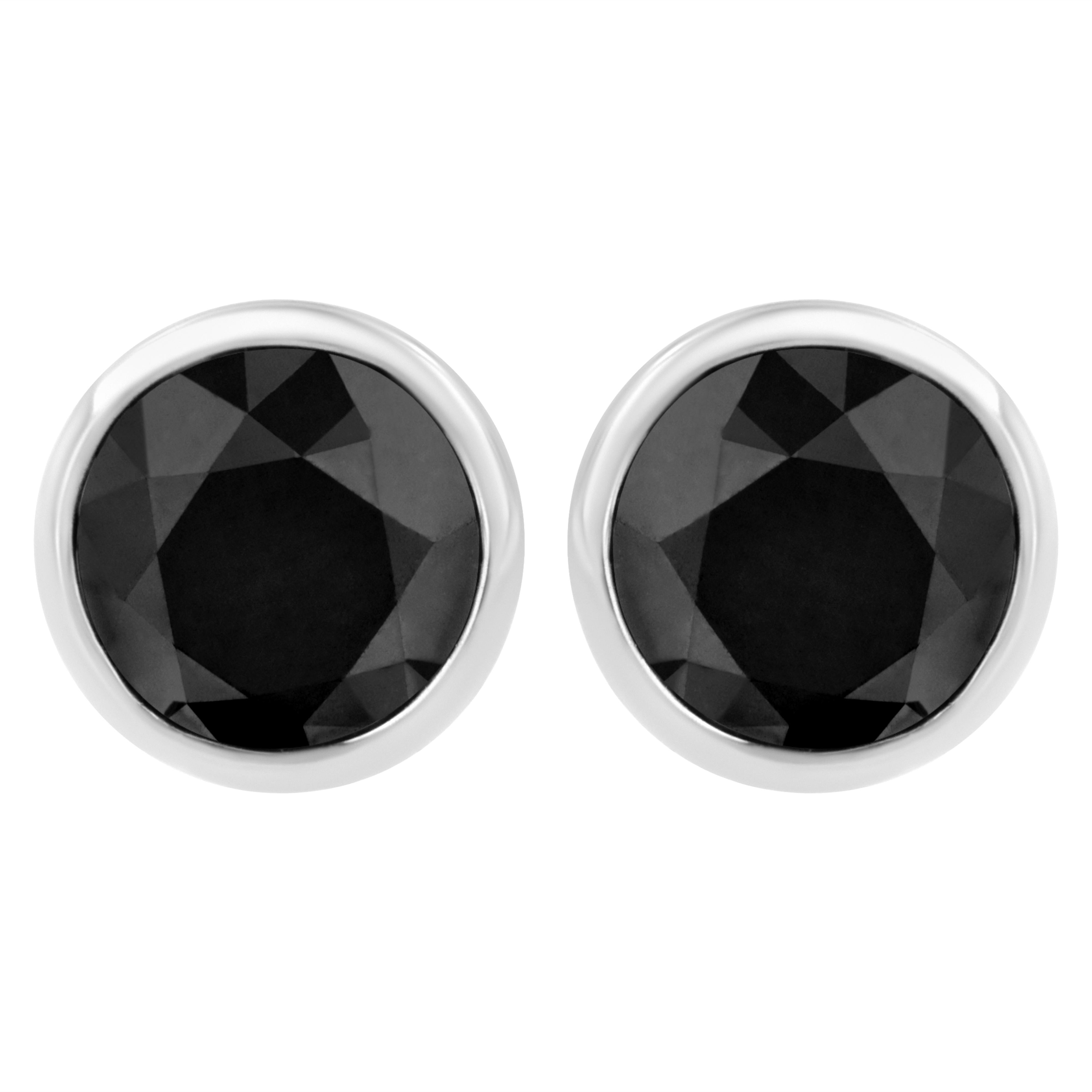 .925 Sterling Silver 4.00 Cttw Round Brilliant-Cut Black Diamond Bezel-Set Stud Earrings with Screw Backs (Fancy Color-Enhanced, I2-I3 Clarity)
