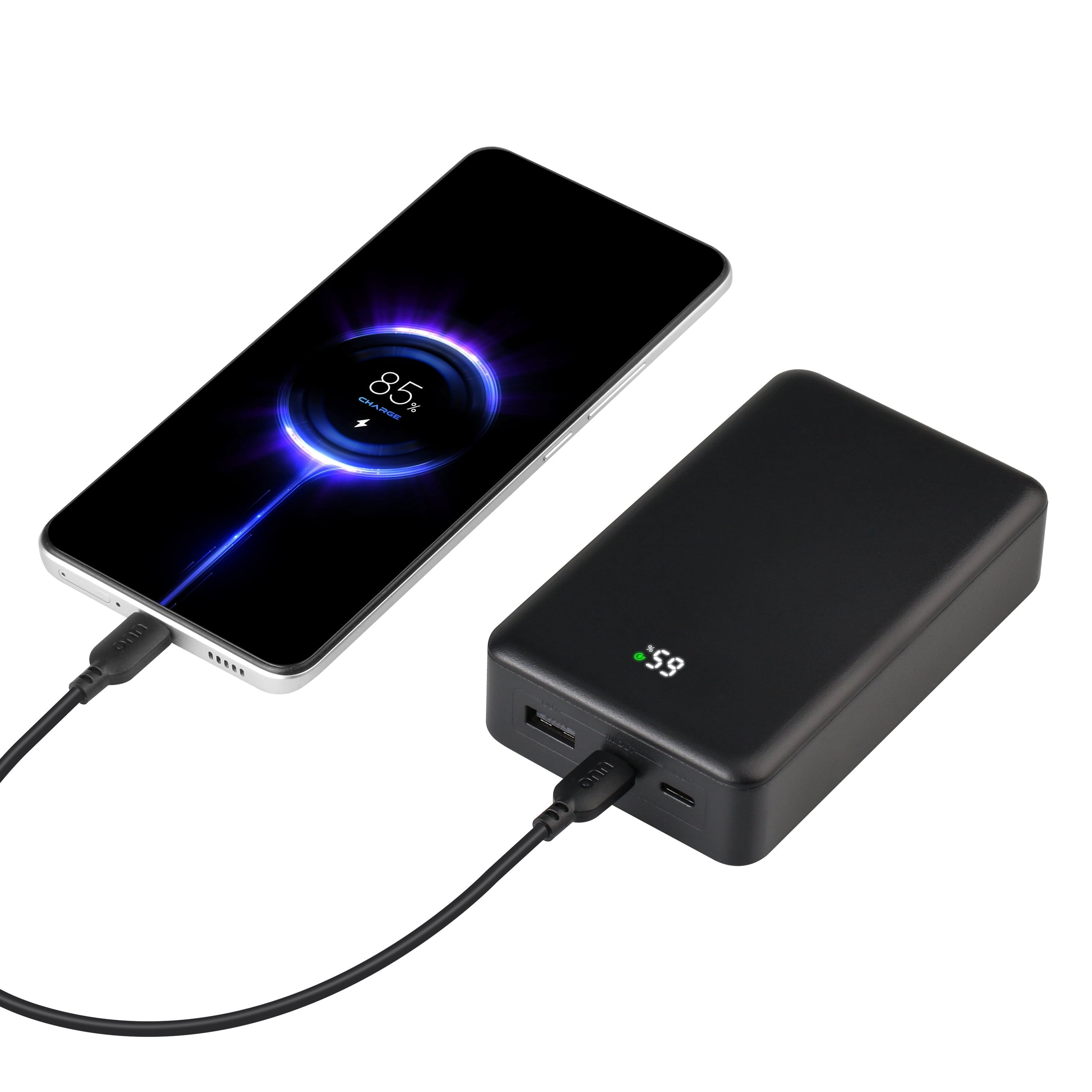Onn 20,000 mAh Portable Battery, Fast charging 20W, with Digital Readout, Dual USB-C ports + USB-A port, Black