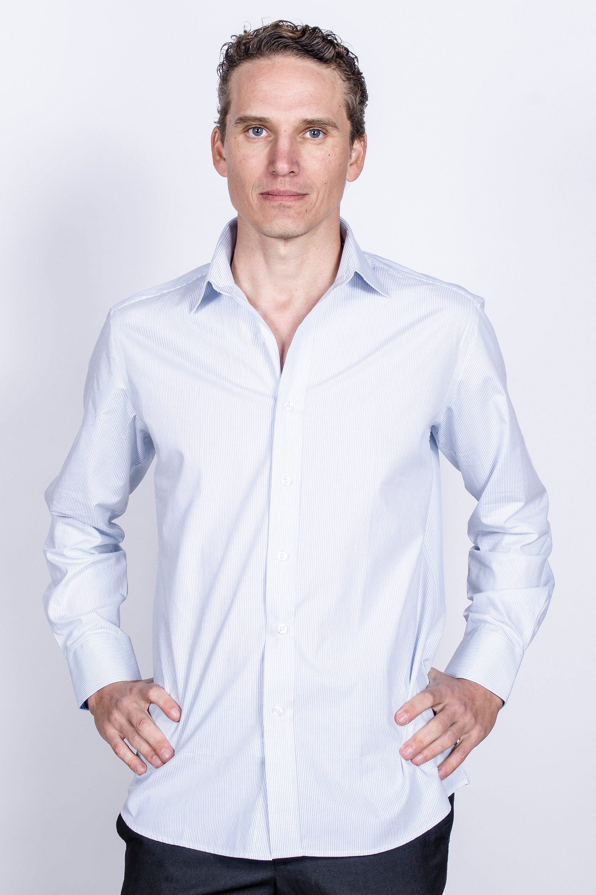 Men's Slim Fit Light Blue Striped Cotton Dress Shirt