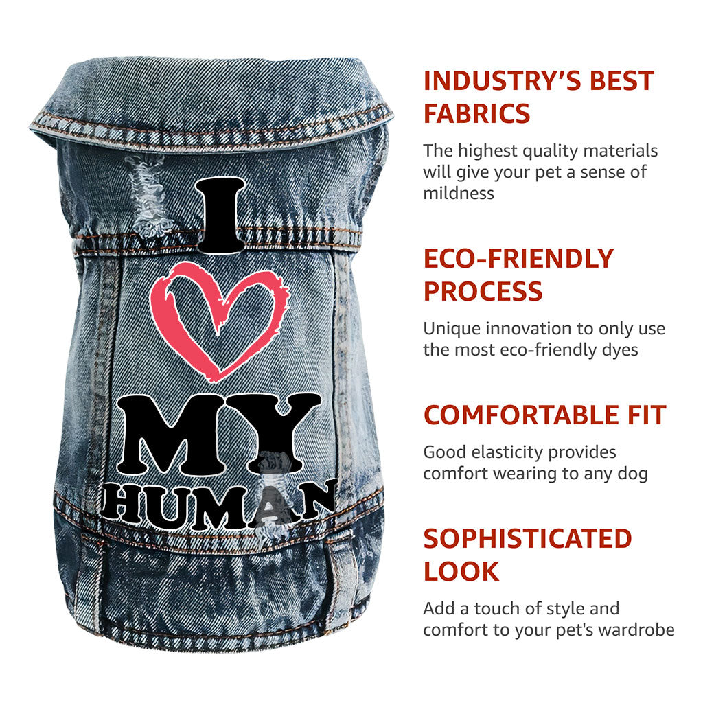 I Love My Human Dog Denim Vest - Text Design Dog Denim Jacket - Heart Dog Clothing