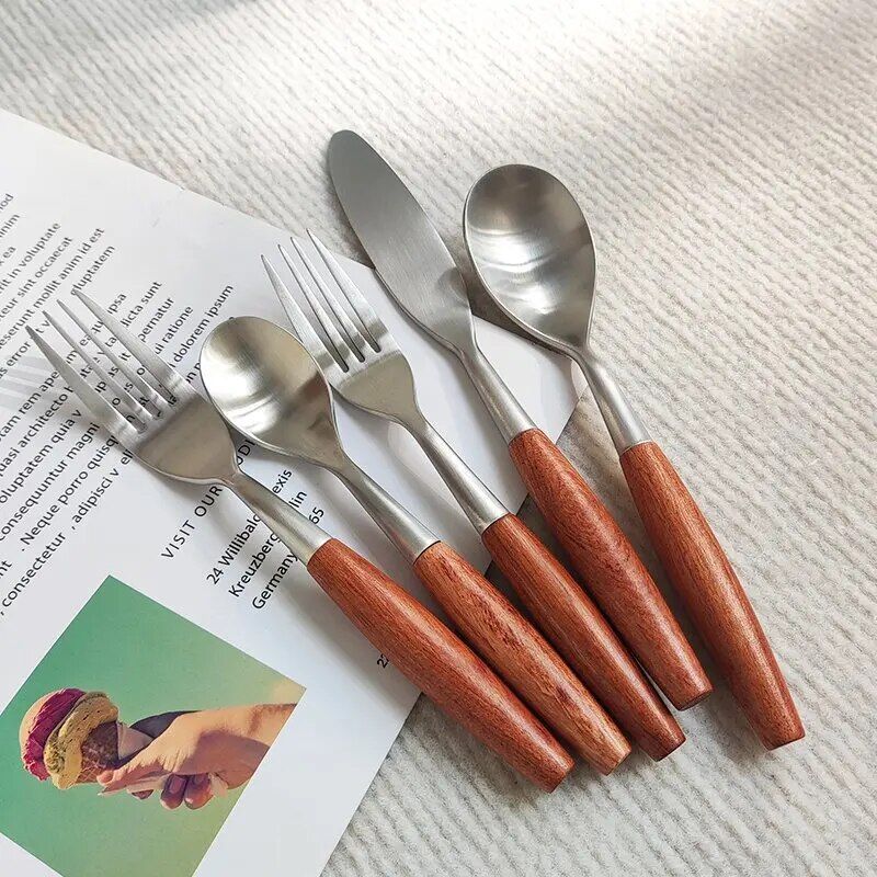 Elegant Natural Wood & Stainless Steel Cutlery Set - 5Pcs
