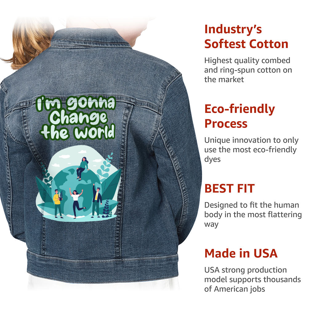 Change the World Kids' Denim Jacket - Motivational Quotes Jean Jacket - Illustration Denim Jacket for Kids