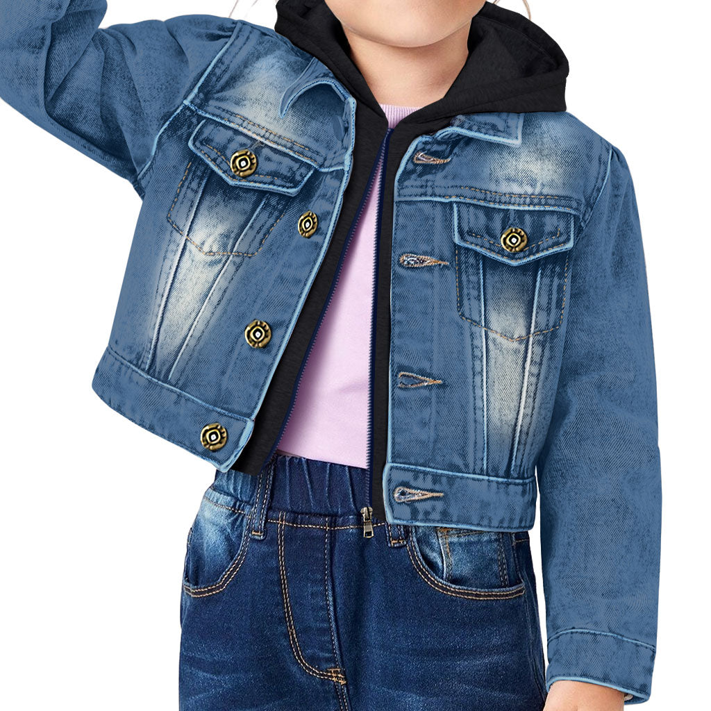 Cute Little Girl Toddler Hooded Denim Jacket - Kawaii Jean Jacket - Printed Denim Jacket for Kids