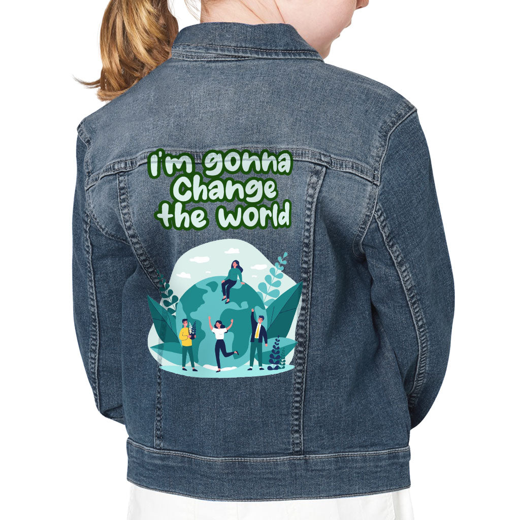 Change the World Kids' Denim Jacket - Motivational Quotes Jean Jacket - Illustration Denim Jacket for Kids