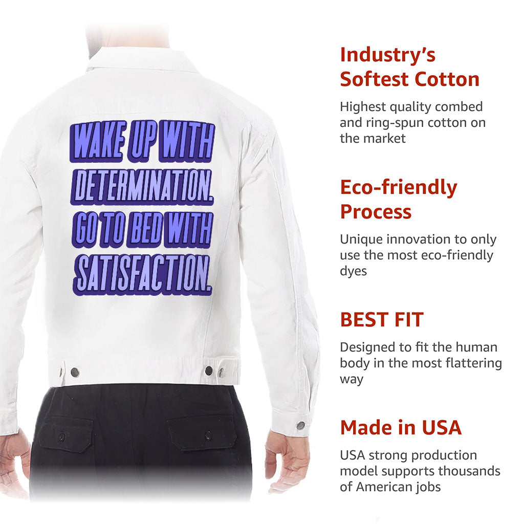 Wake Up With Determination Men's White Denim Jacket - Best Design Denim Jacket for Men - Printed Denim Jacket