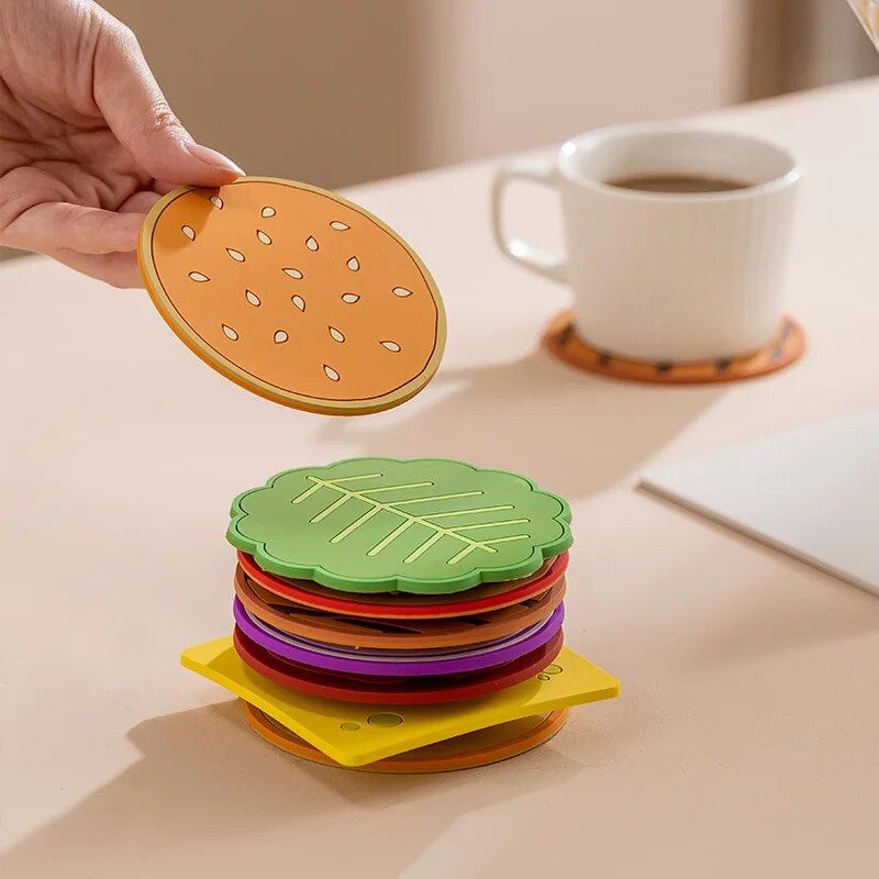 Eco-Friendly Cartoon Hamburger Silicone Placemats - Heat-Resistant Drink Coasters, 8 Piece Set