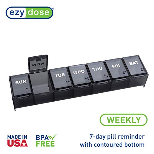 EZY DOSE Weekly (7-Day) Pill Organizer, Vitamin Planner, And Medicine Box, Large Compartments, Black, Made in The USA