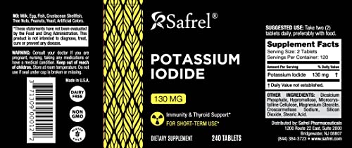 Safrel Potassium Iodide 130 mg, 240 Tablets | Thyroid Support | Made in USA | Non-GMO Verified | Ki Pills Potassium Iodine Tablets - YODO Naciente (240 Count (Pack of 1))