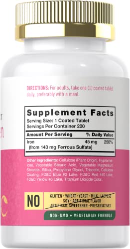 Iron Supplement for Women | 45mg | 200 Slow Release Tablets | Vegetarian, Non-GMO, & Gluten Free | by Carlyle